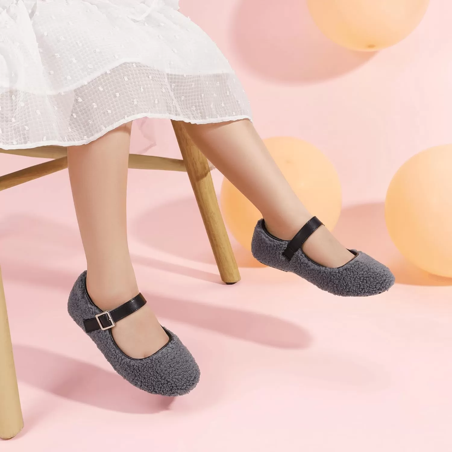 imagePANDANINJIA Girls Dress Shoes Ballet Flats Faux Fur School Wedding Party Toddler Little Big Kid Girls Mary Jane ShoesGrey