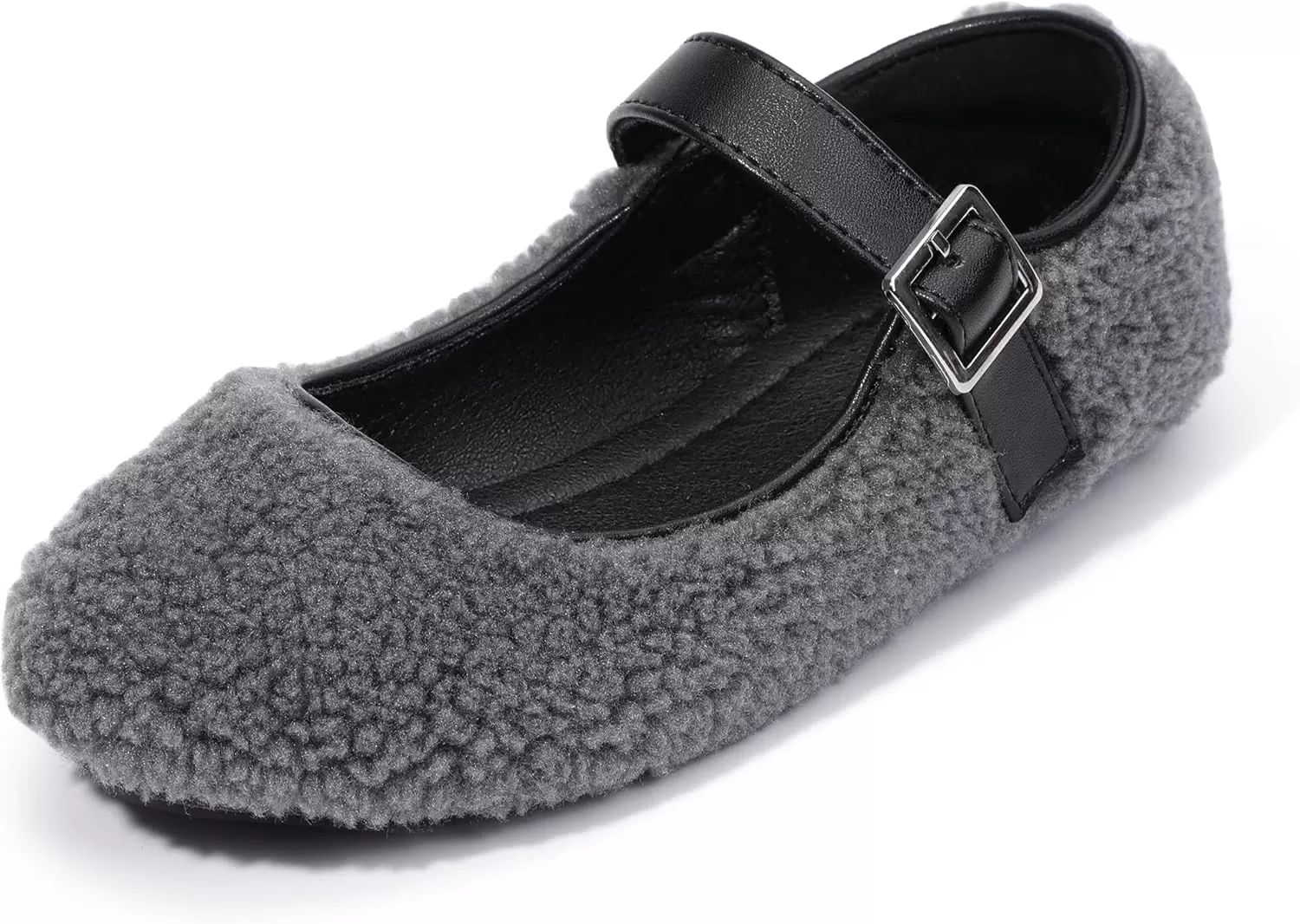 imagePANDANINJIA Girls Dress Shoes Ballet Flats Faux Fur School Wedding Party Toddler Little Big Kid Girls Mary Jane ShoesGrey
