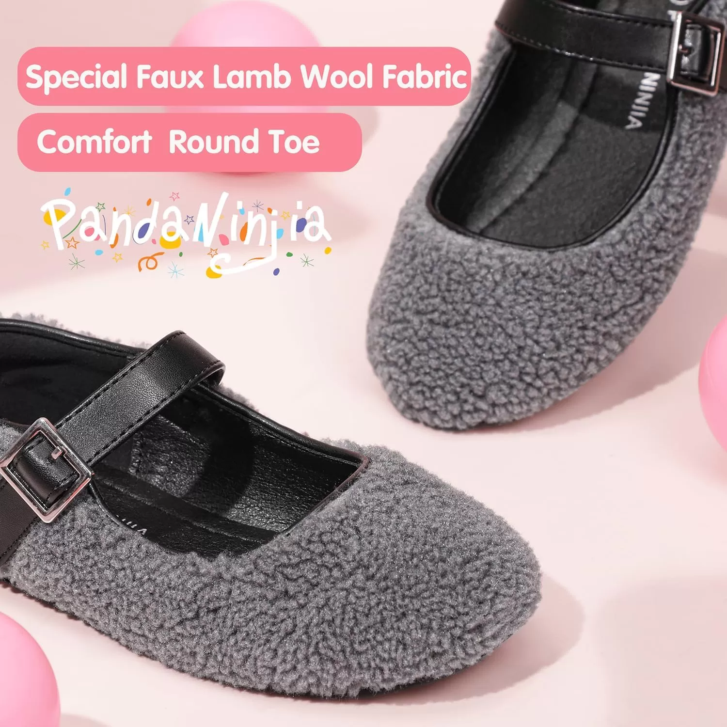 imagePANDANINJIA Girls Dress Shoes Ballet Flats Faux Fur School Wedding Party Toddler Little Big Kid Girls Mary Jane ShoesGrey