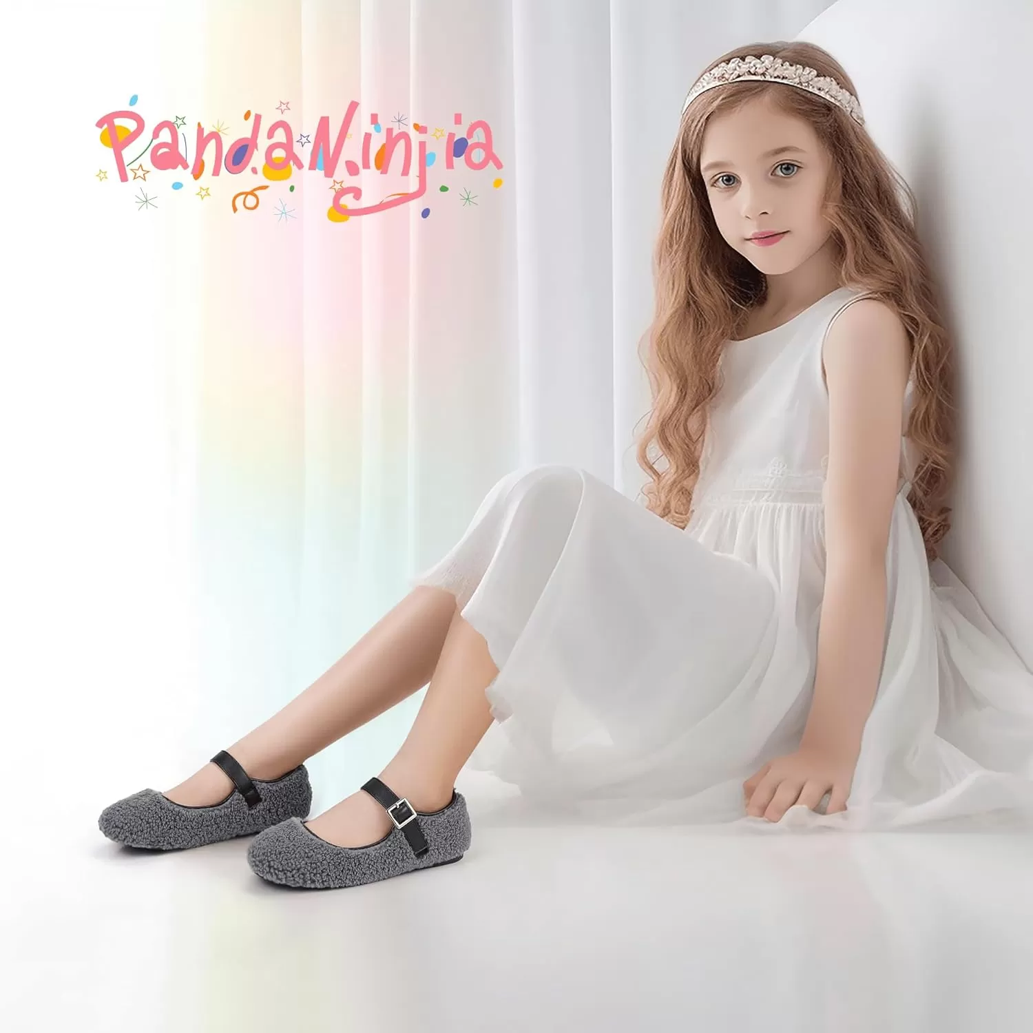 imagePANDANINJIA Girls Dress Shoes Ballet Flats Faux Fur School Wedding Party Toddler Little Big Kid Girls Mary Jane ShoesGrey