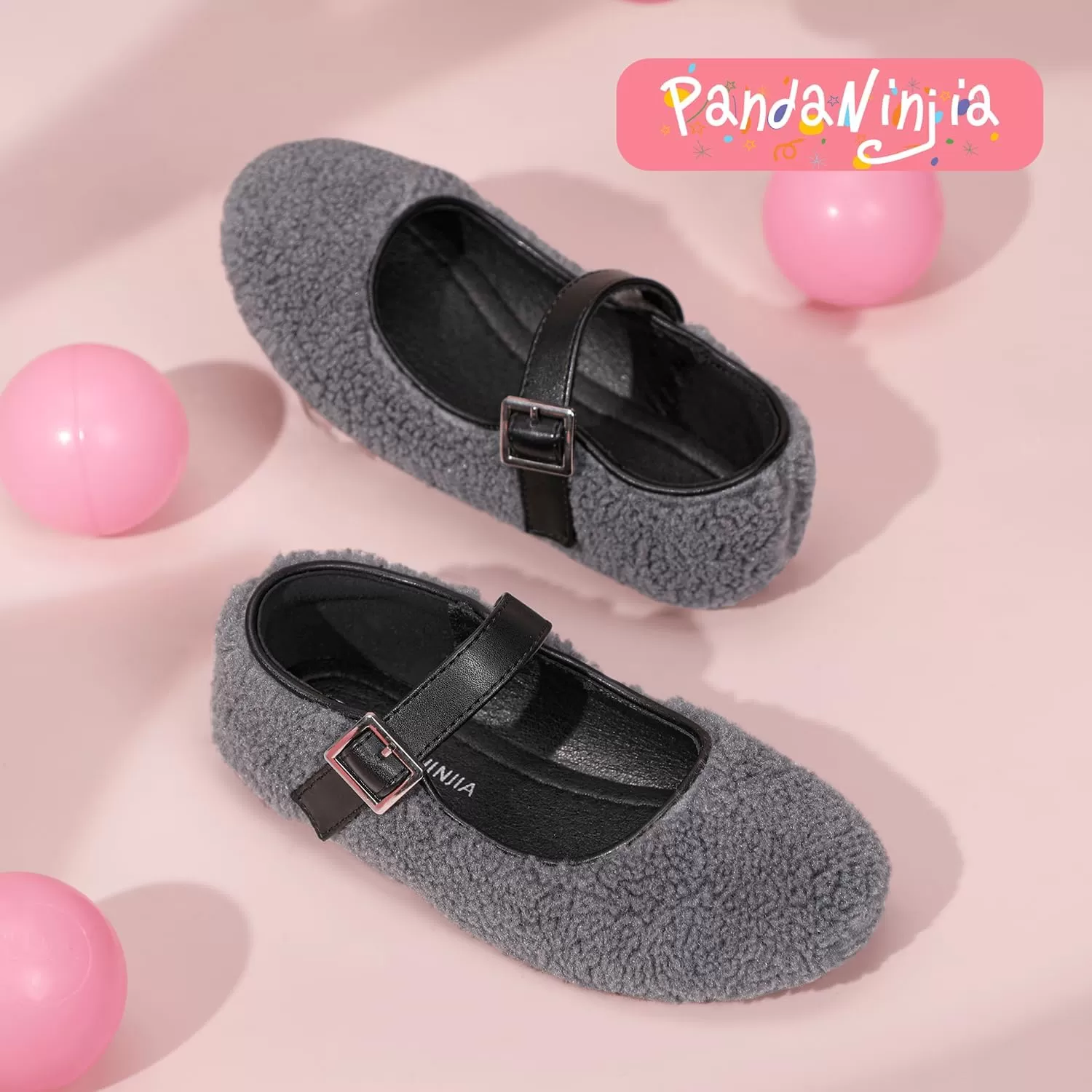 imagePANDANINJIA Girls Dress Shoes Ballet Flats Faux Fur School Wedding Party Toddler Little Big Kid Girls Mary Jane ShoesGrey