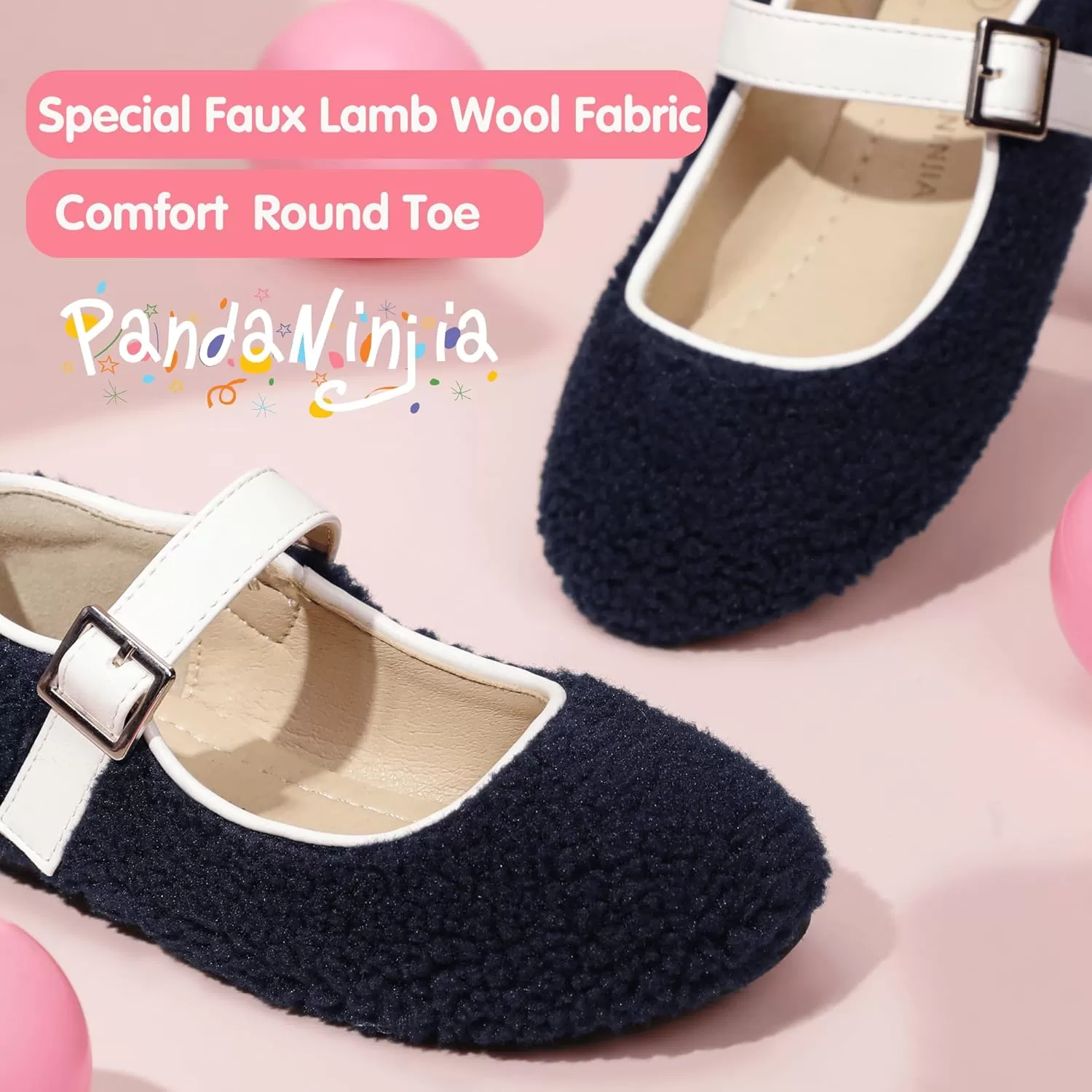 imagePANDANINJIA Girls Dress Shoes Ballet Flats Faux Fur School Wedding Party Toddler Little Big Kid Girls Mary Jane ShoesNavy