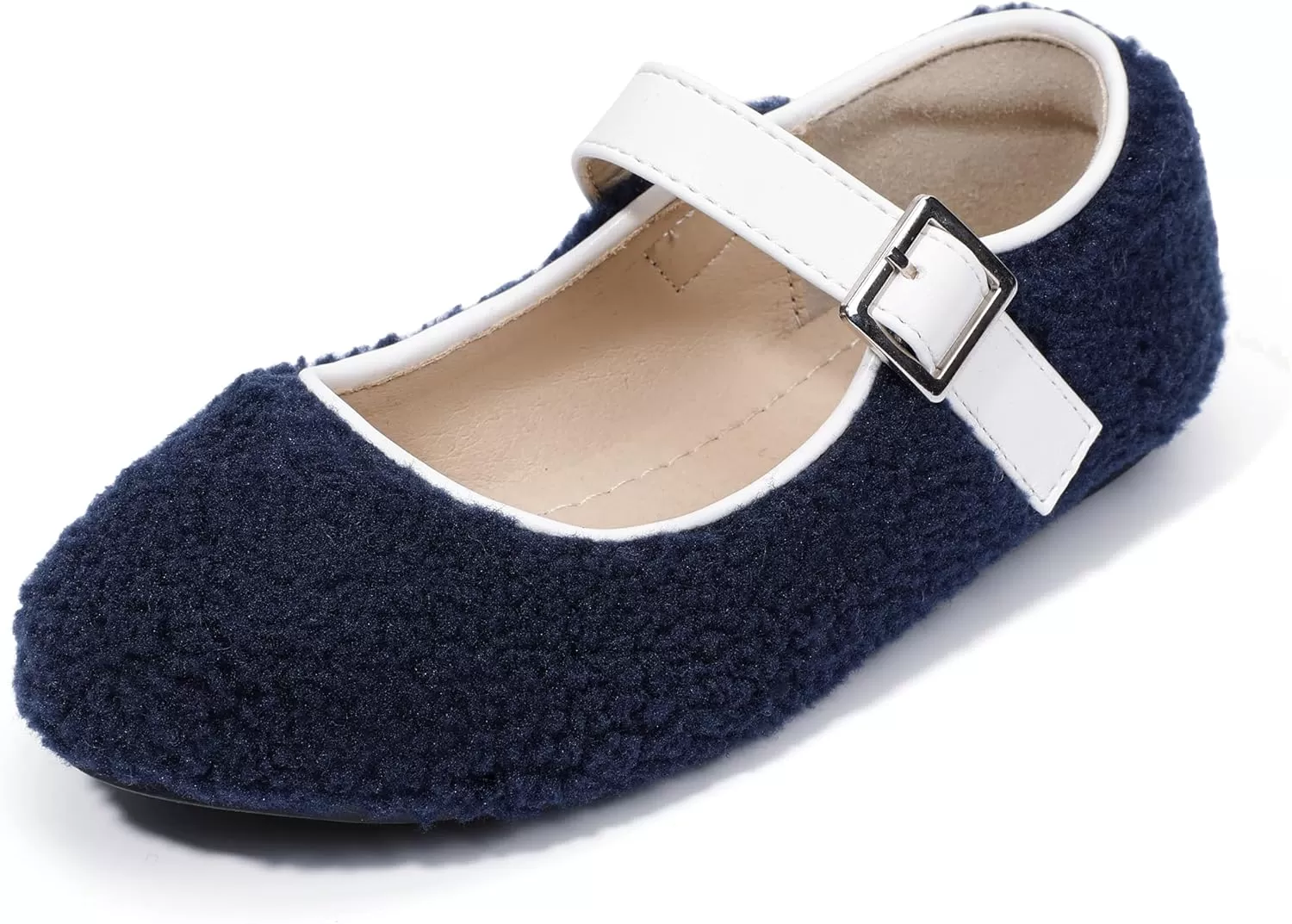 imagePANDANINJIA Girls Dress Shoes Ballet Flats Faux Fur School Wedding Party Toddler Little Big Kid Girls Mary Jane ShoesNavy