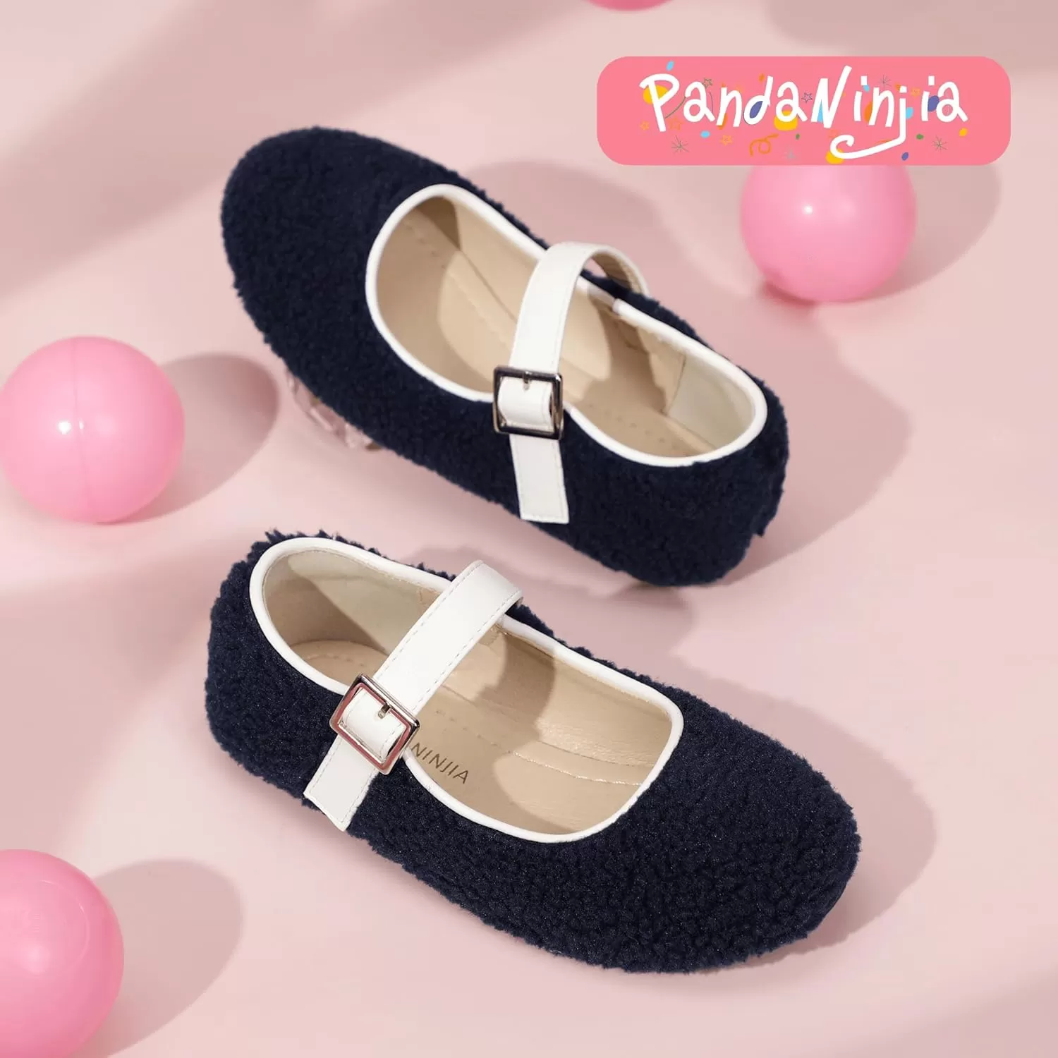 imagePANDANINJIA Girls Dress Shoes Ballet Flats Faux Fur School Wedding Party Toddler Little Big Kid Girls Mary Jane ShoesNavy