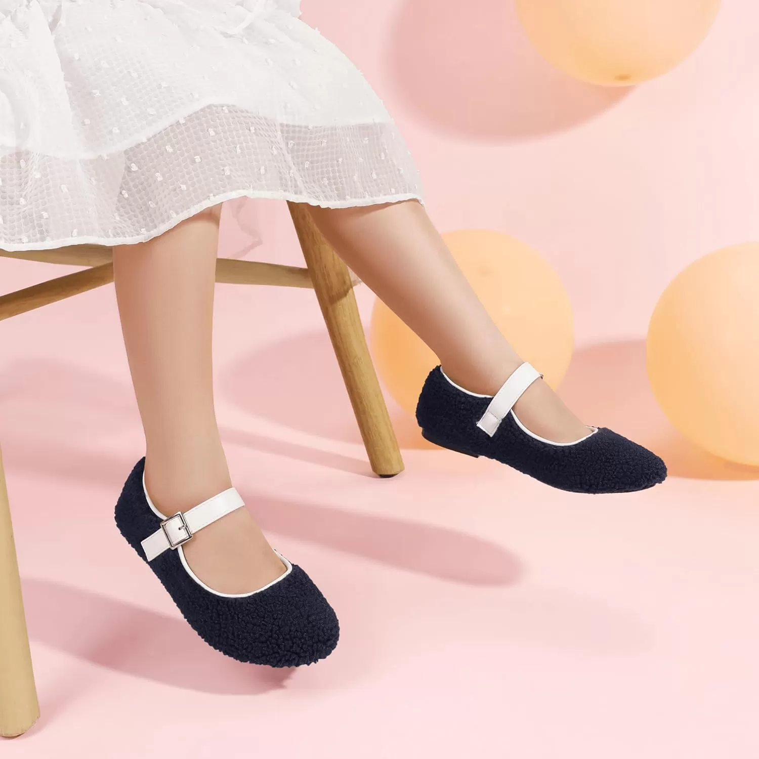 imagePANDANINJIA Girls Dress Shoes Ballet Flats Faux Fur School Wedding Party Toddler Little Big Kid Girls Mary Jane ShoesNavy