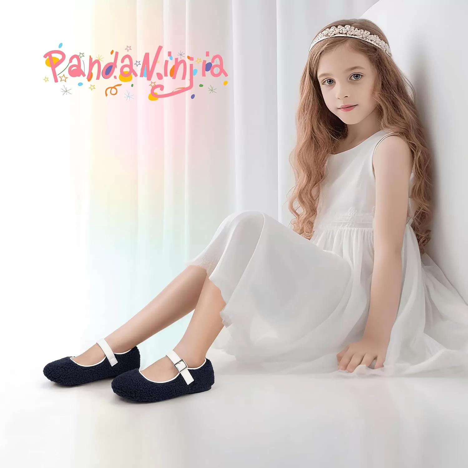 imagePANDANINJIA Girls Dress Shoes Ballet Flats Faux Fur School Wedding Party Toddler Little Big Kid Girls Mary Jane ShoesNavy