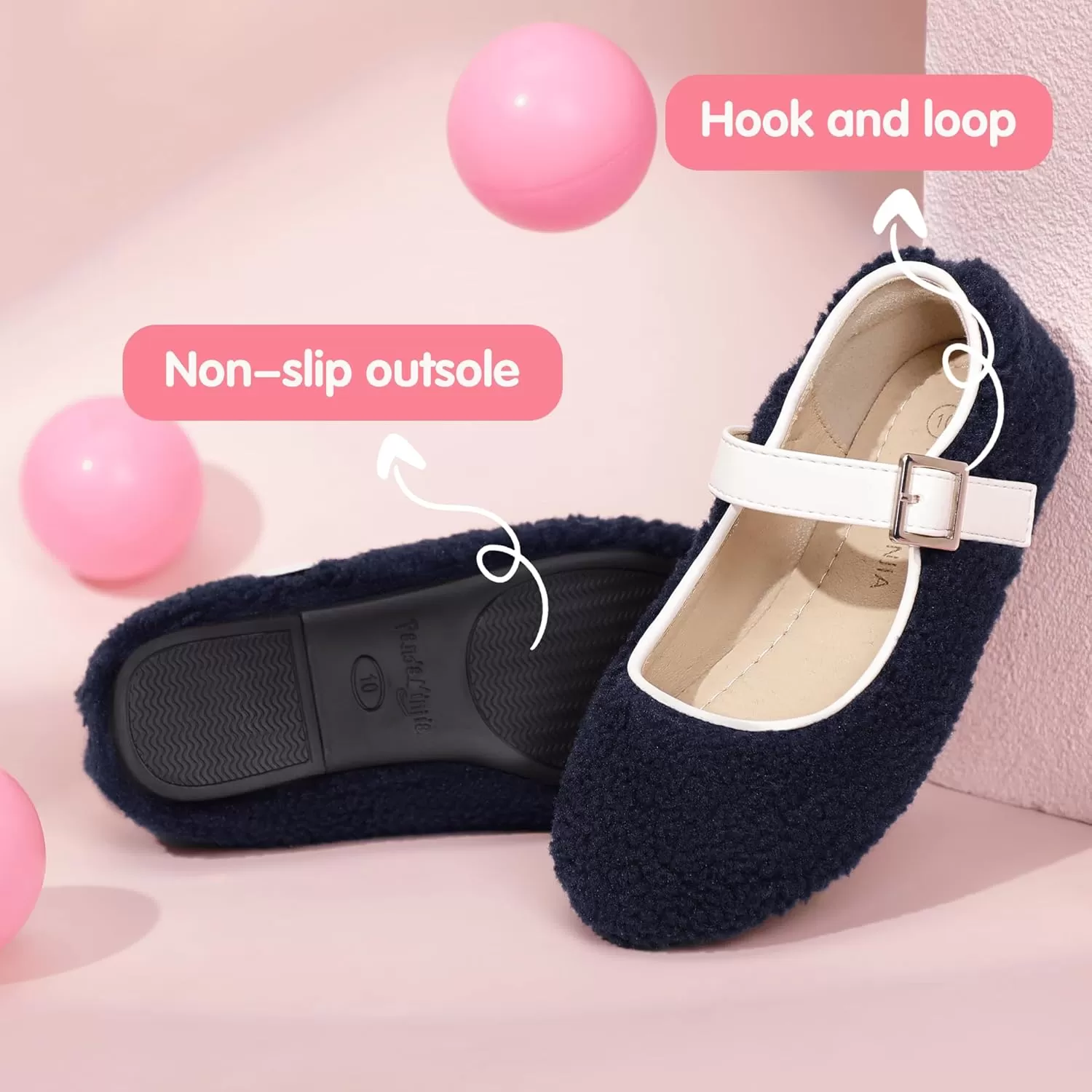 imagePANDANINJIA Girls Dress Shoes Ballet Flats Faux Fur School Wedding Party Toddler Little Big Kid Girls Mary Jane ShoesNavy