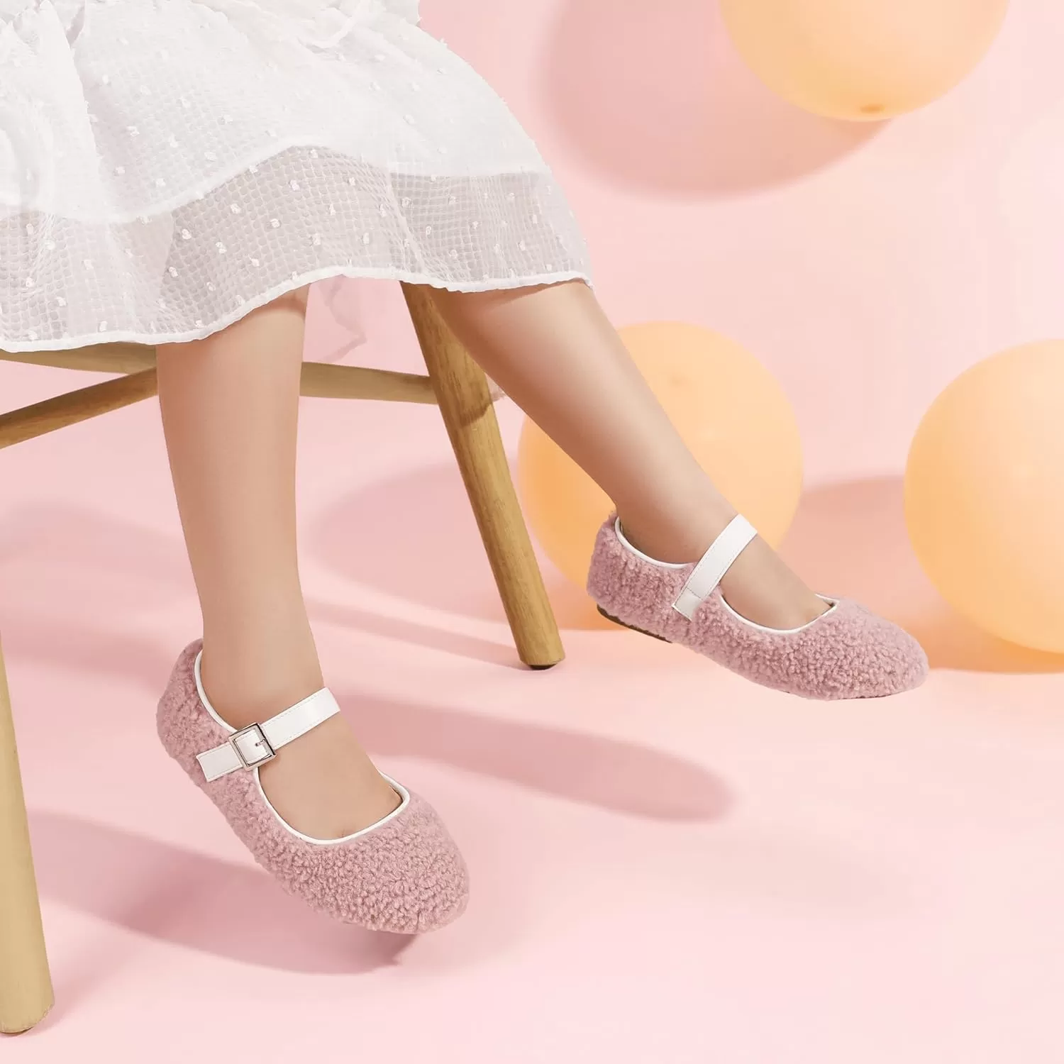imagePANDANINJIA Girls Dress Shoes Ballet Flats Faux Fur School Wedding Party Toddler Little Big Kid Girls Mary Jane ShoesPink