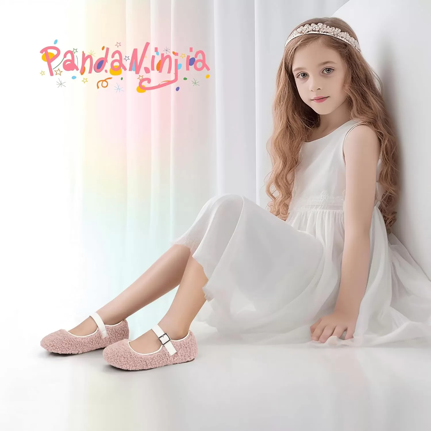 imagePANDANINJIA Girls Dress Shoes Ballet Flats Faux Fur School Wedding Party Toddler Little Big Kid Girls Mary Jane ShoesPink