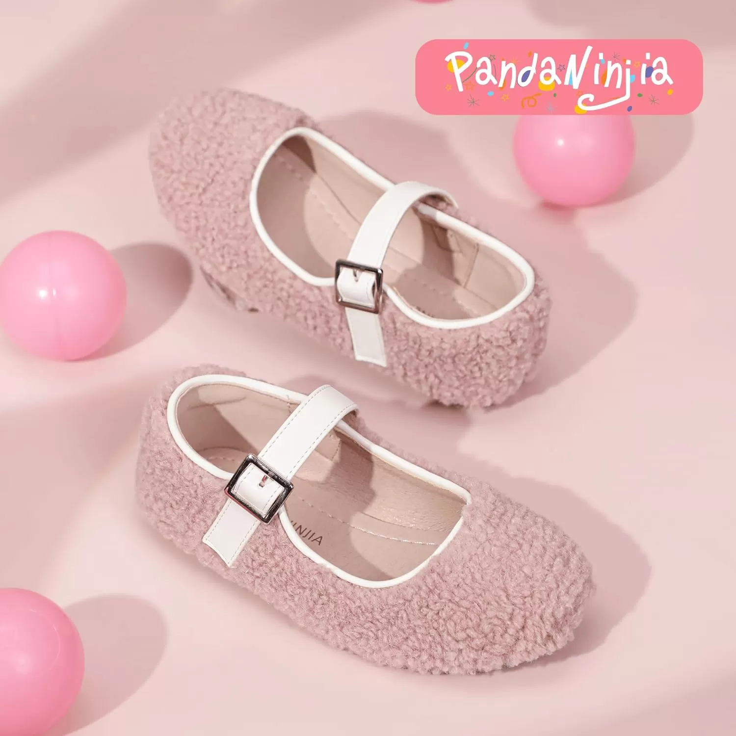 imagePANDANINJIA Girls Dress Shoes Ballet Flats Faux Fur School Wedding Party Toddler Little Big Kid Girls Mary Jane ShoesPink