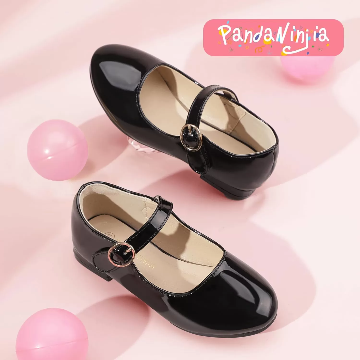 imagePANDANINJIA Girls Dress Shoes Patent Ballerina Flats Toddler Little Big Kid Mary Jane Low Heels ShoesBlackpatent