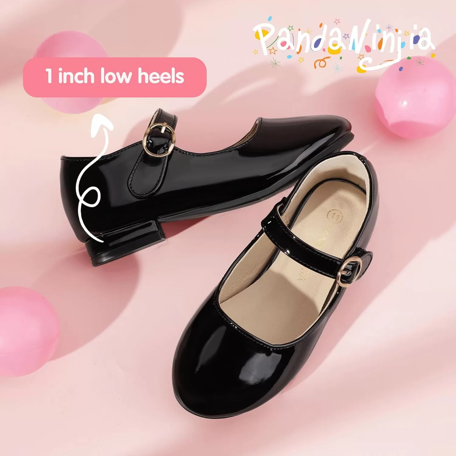 imagePANDANINJIA Girls Dress Shoes Patent Ballerina Flats Toddler Little Big Kid Mary Jane Low Heels ShoesBlackpatent