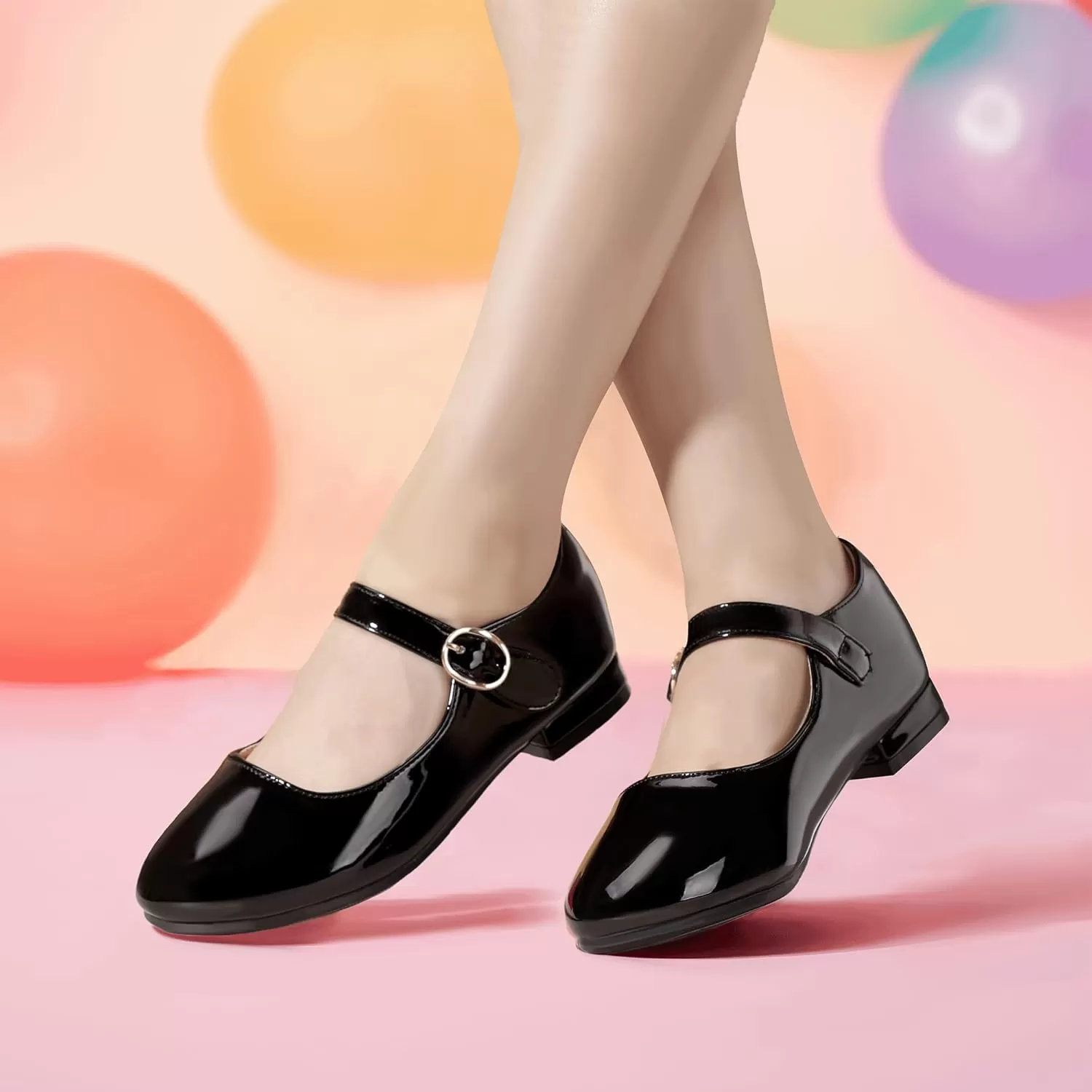 imagePANDANINJIA Girls Dress Shoes Patent Ballerina Flats Toddler Little Big Kid Mary Jane Low Heels ShoesBlackpatent