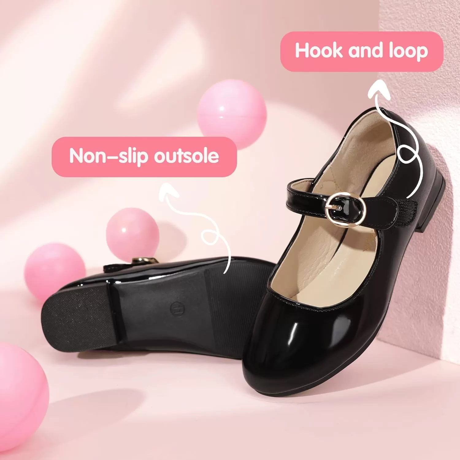 imagePANDANINJIA Girls Dress Shoes Patent Ballerina Flats Toddler Little Big Kid Mary Jane Low Heels ShoesBlackpatent