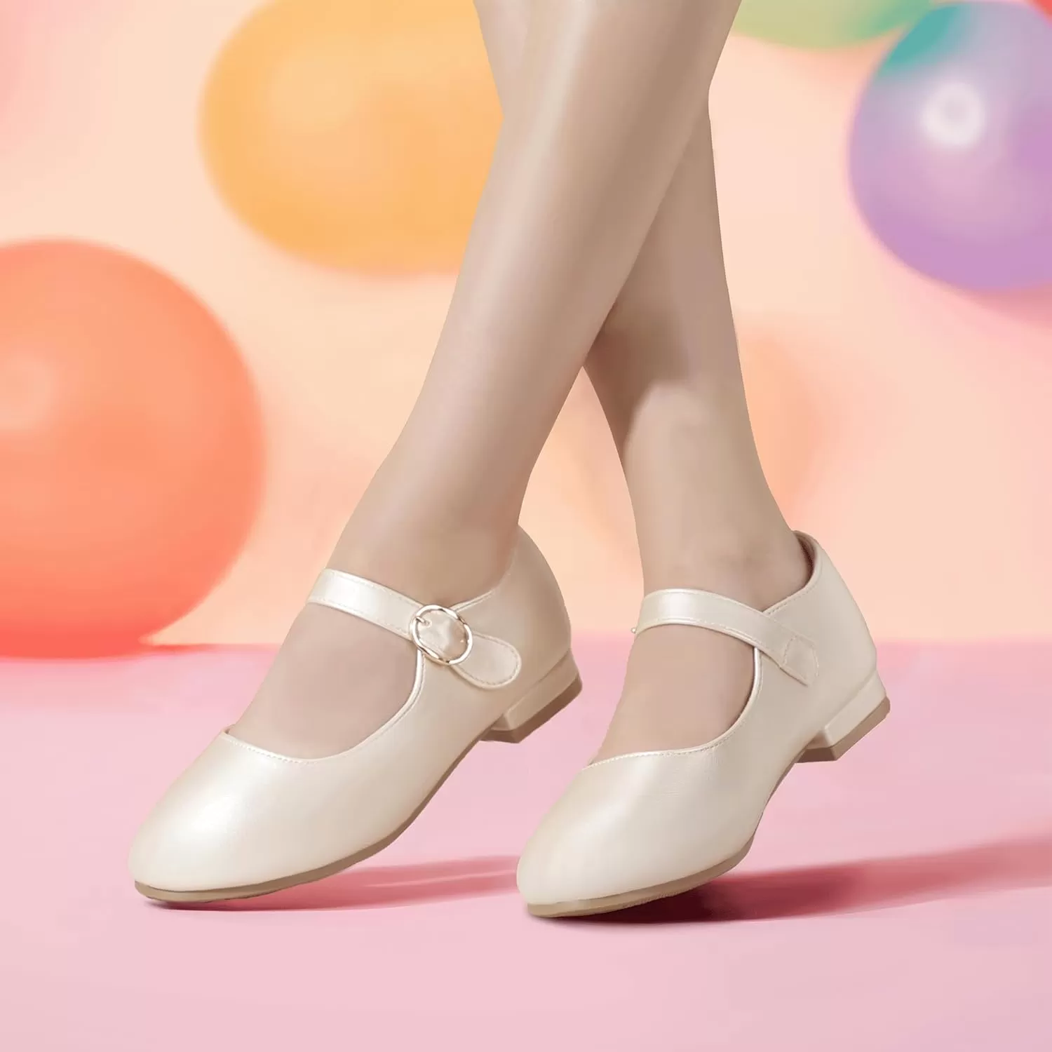 imagePANDANINJIA Girls Dress Shoes Patent Ballerina Flats Toddler Little Big Kid Mary Jane Low Heels ShoesChampagnepu