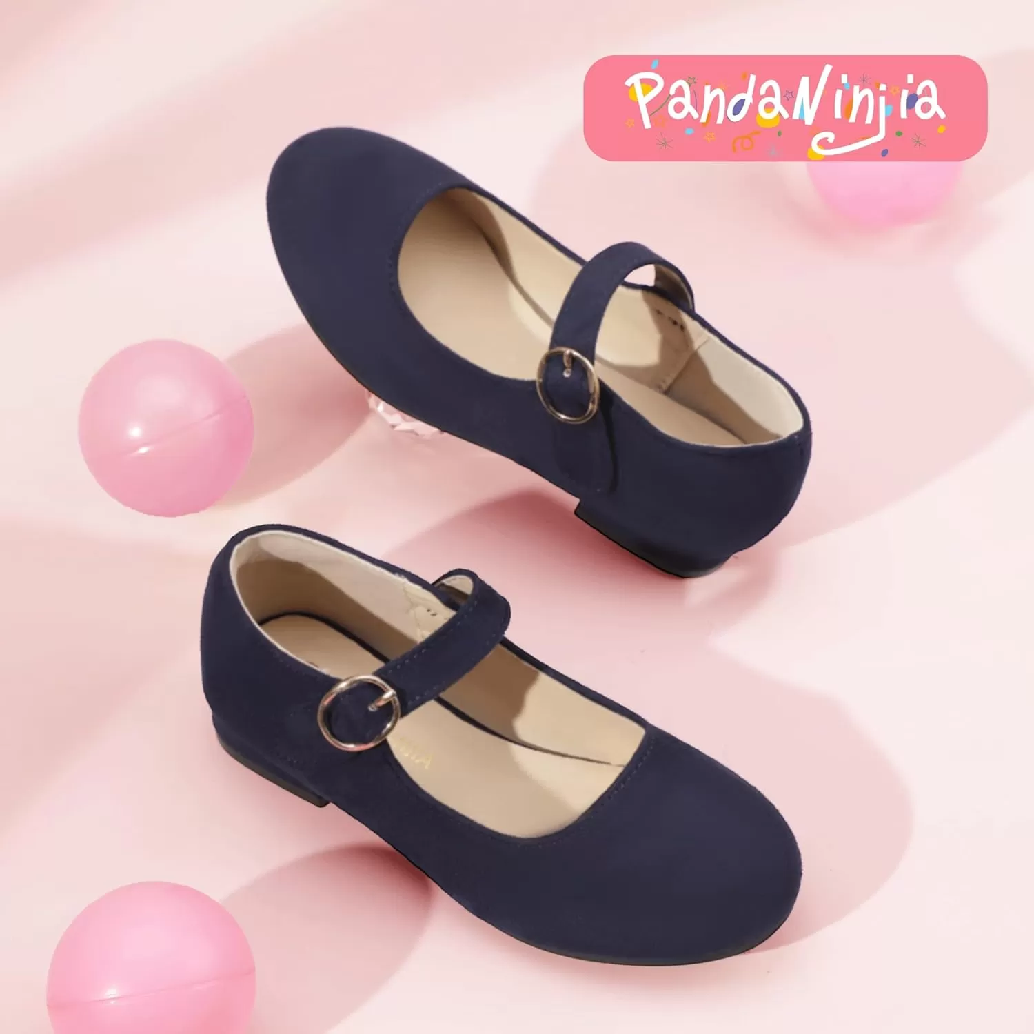 imagePANDANINJIA Girls Dress Shoes Patent Ballerina Flats Toddler Little Big Kid Mary Jane Low Heels ShoesNavysuede