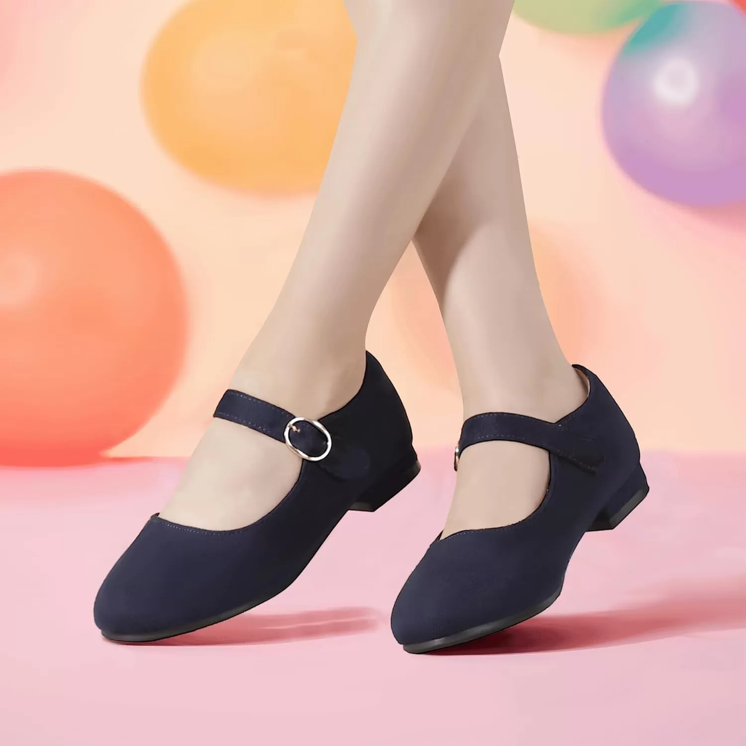 imagePANDANINJIA Girls Dress Shoes Patent Ballerina Flats Toddler Little Big Kid Mary Jane Low Heels ShoesNavysuede