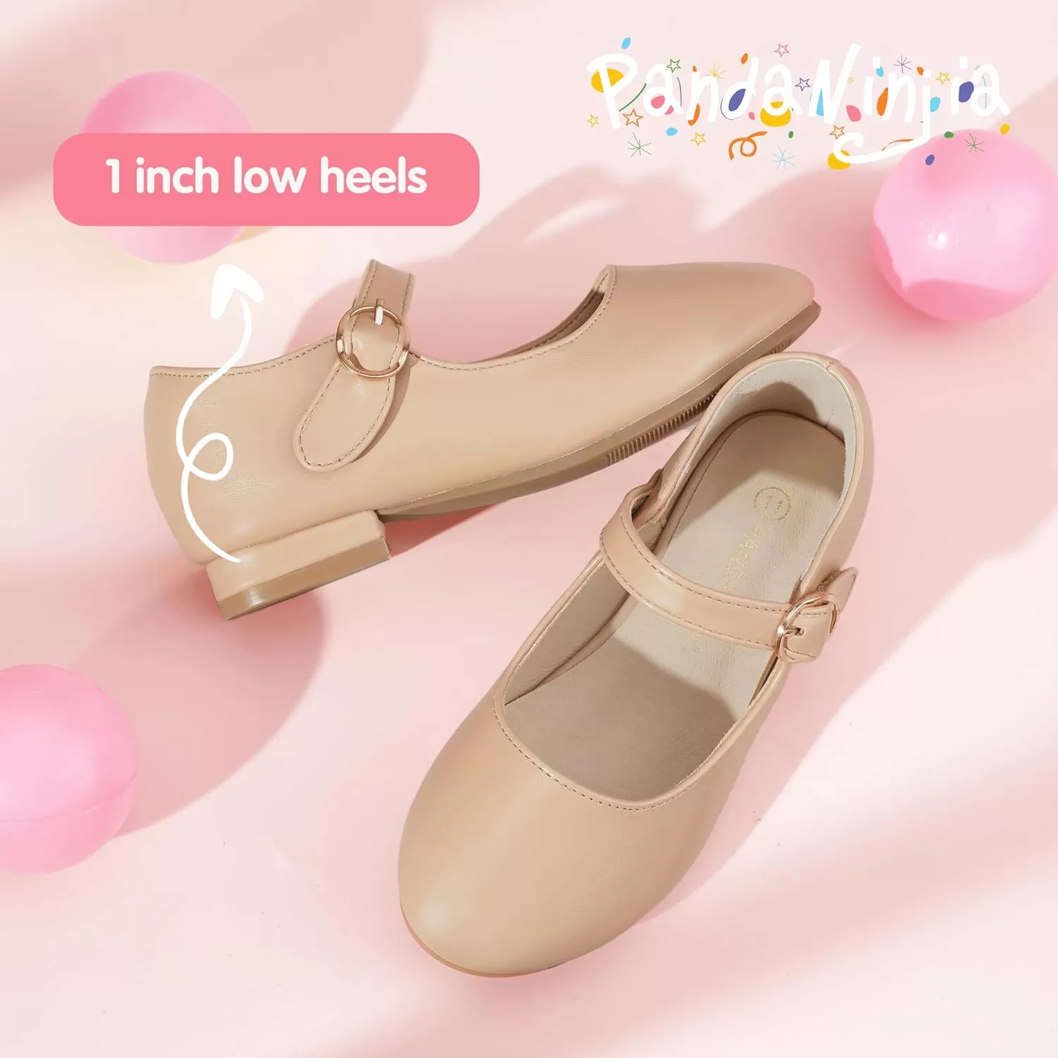 imagePANDANINJIA Girls Dress Shoes Patent Ballerina Flats Toddler Little Big Kid Mary Jane Low Heels ShoesNudepu