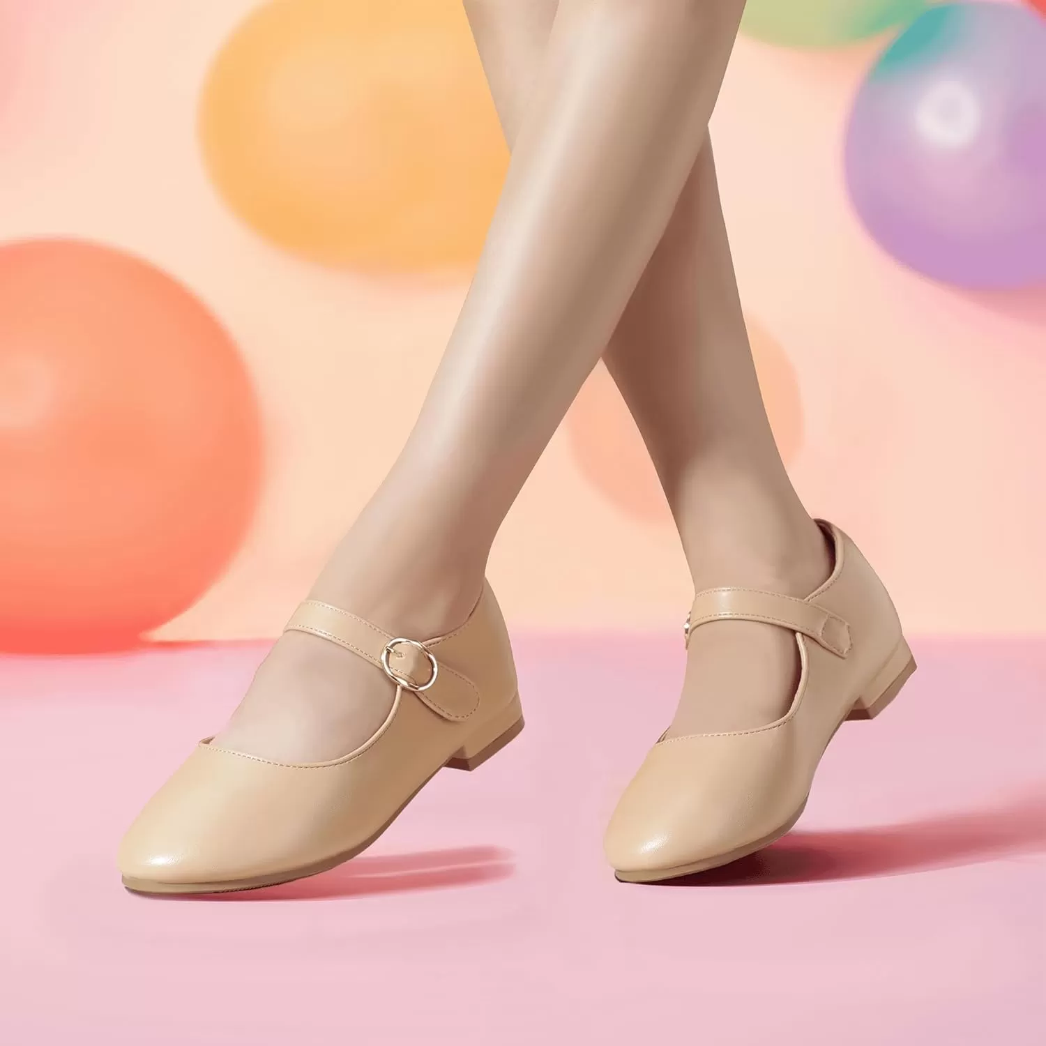 imagePANDANINJIA Girls Dress Shoes Patent Ballerina Flats Toddler Little Big Kid Mary Jane Low Heels ShoesNudepu