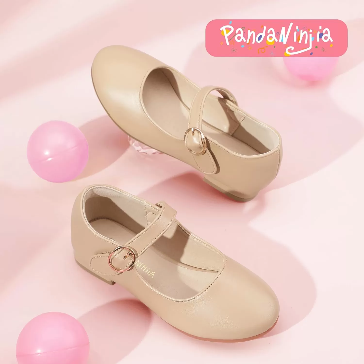 imagePANDANINJIA Girls Dress Shoes Patent Ballerina Flats Toddler Little Big Kid Mary Jane Low Heels ShoesNudepu