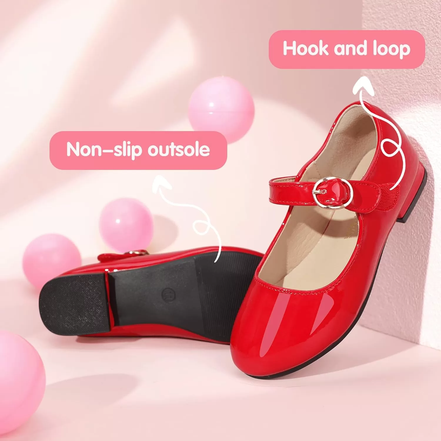 imagePANDANINJIA Girls Dress Shoes Patent Ballerina Flats Toddler Little Big Kid Mary Jane Low Heels ShoesRedpatent