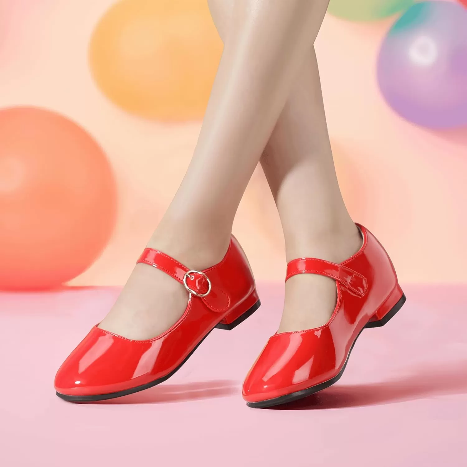 imagePANDANINJIA Girls Dress Shoes Patent Ballerina Flats Toddler Little Big Kid Mary Jane Low Heels ShoesRedpatent
