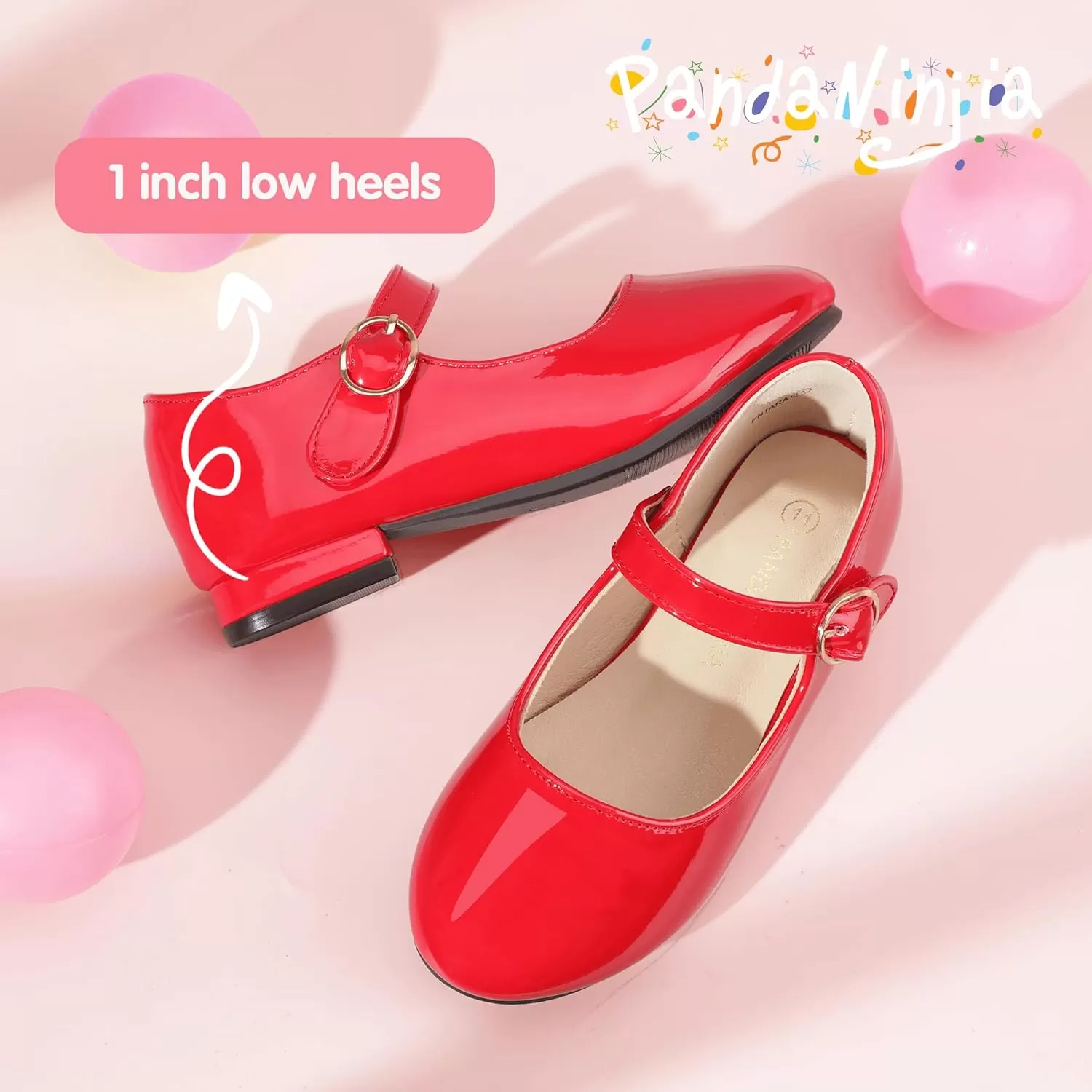 imagePANDANINJIA Girls Dress Shoes Patent Ballerina Flats Toddler Little Big Kid Mary Jane Low Heels ShoesRedpatent