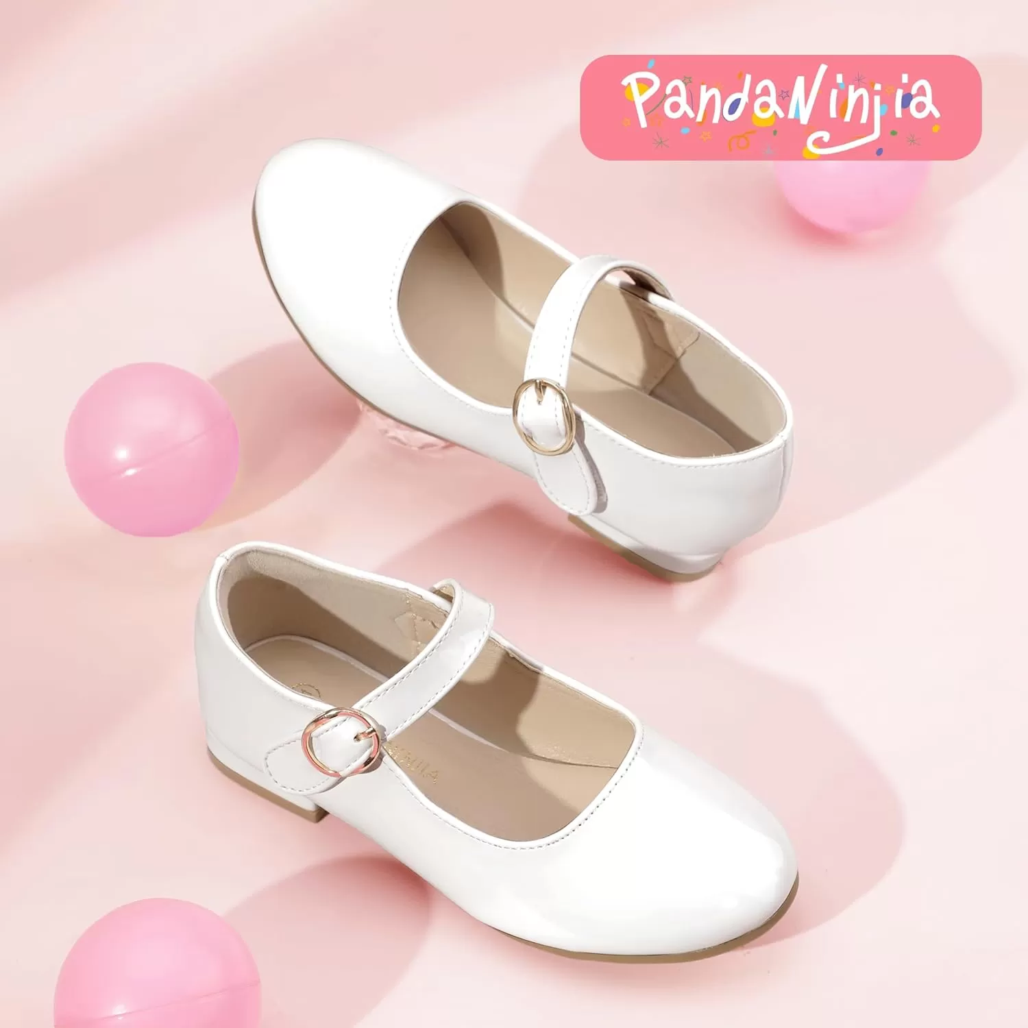 imagePANDANINJIA Girls Dress Shoes Patent Ballerina Flats Toddler Little Big Kid Mary Jane Low Heels ShoesWhitepatent