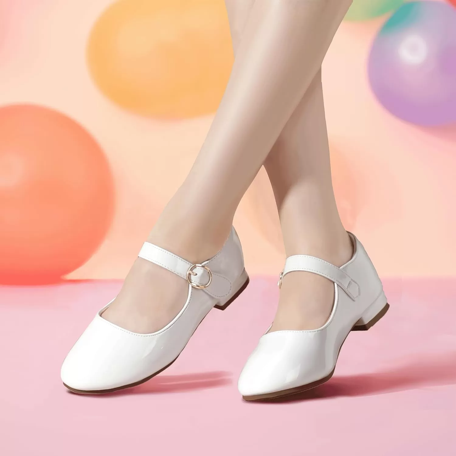 imagePANDANINJIA Girls Dress Shoes Patent Ballerina Flats Toddler Little Big Kid Mary Jane Low Heels ShoesWhitepatent