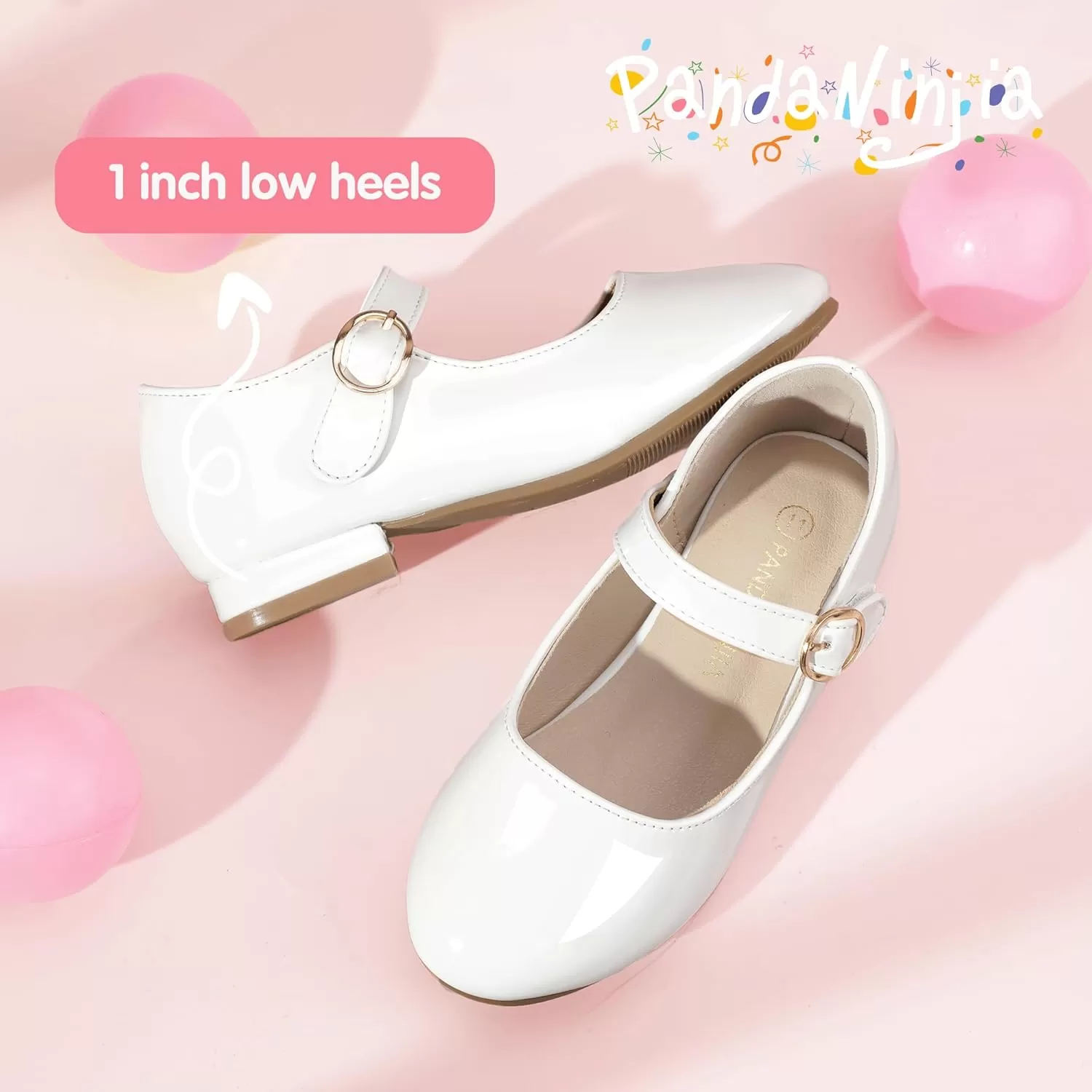 imagePANDANINJIA Girls Dress Shoes Patent Ballerina Flats Toddler Little Big Kid Mary Jane Low Heels ShoesWhitepatent