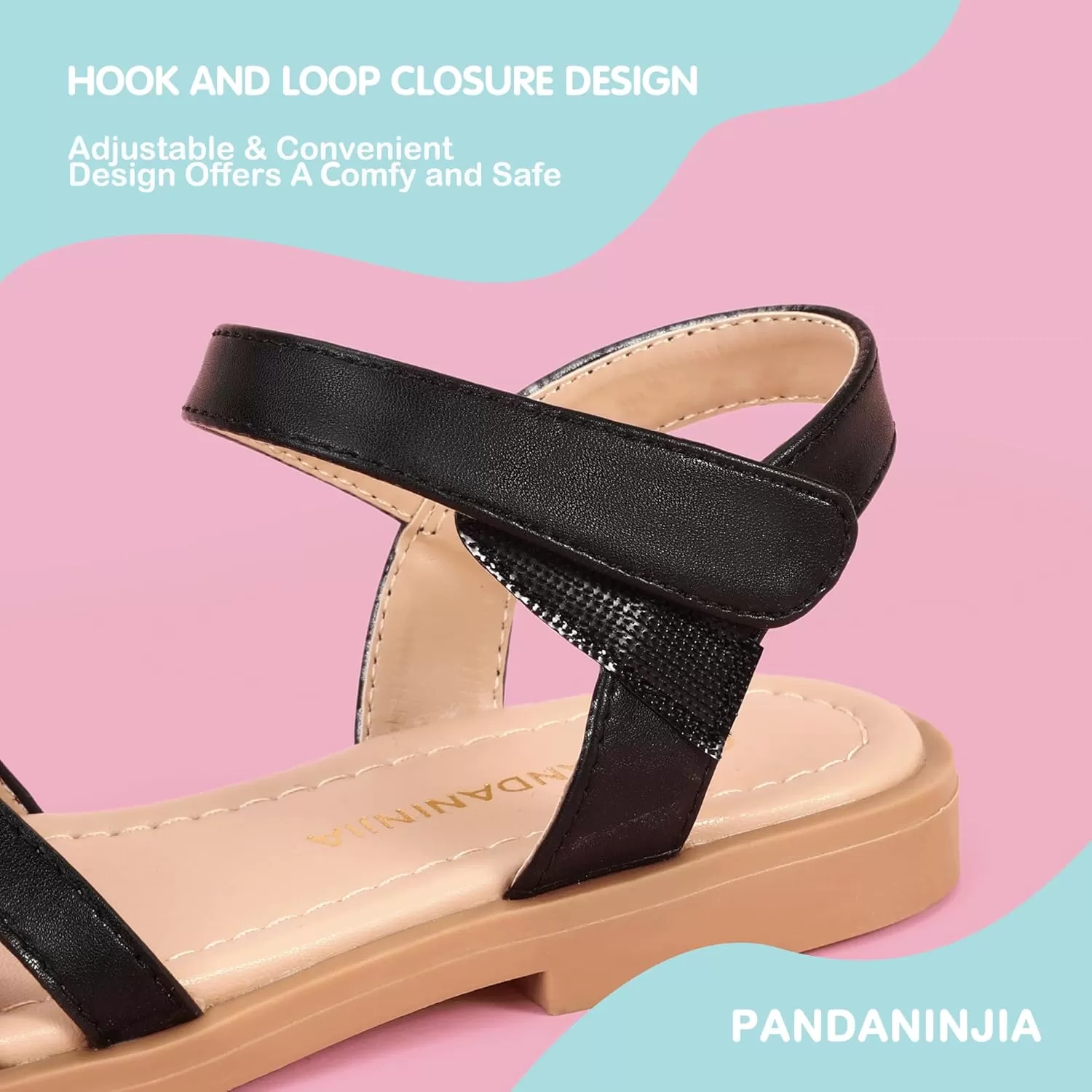 imagePANDANINJIA Girls Sandals Open Toe Cute Bow Princess Girls Flats Sparkly Summer Dress Shoes Sandals for ToddlerLittle KidBig KidC Black Pu
