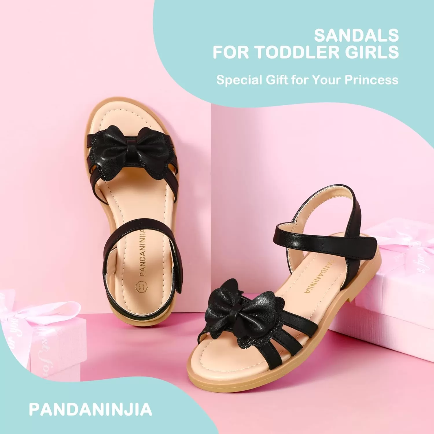imagePANDANINJIA Girls Sandals Open Toe Cute Bow Princess Girls Flats Sparkly Summer Dress Shoes Sandals for ToddlerLittle KidBig KidC Black Pu