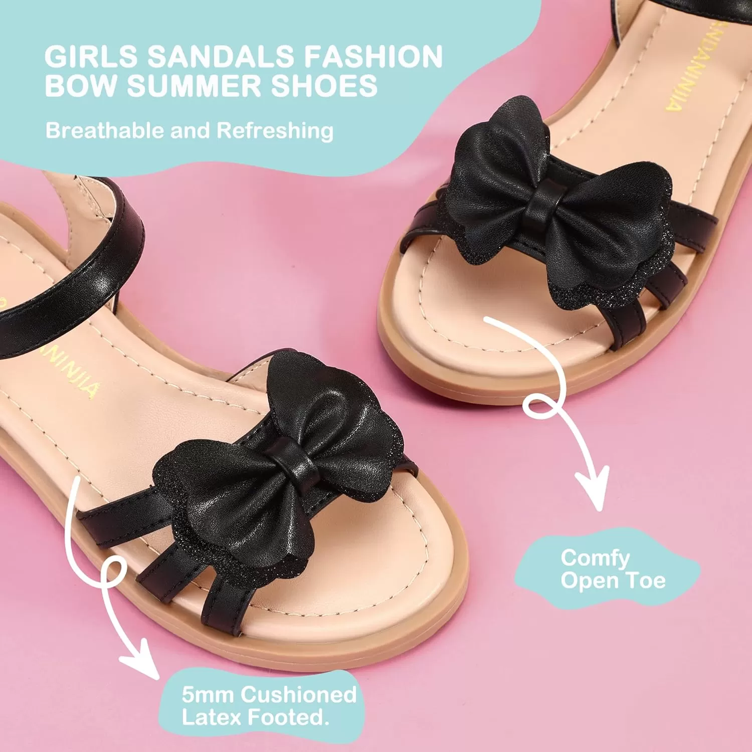 imagePANDANINJIA Girls Sandals Open Toe Cute Bow Princess Girls Flats Sparkly Summer Dress Shoes Sandals for ToddlerLittle KidBig KidC Black Pu