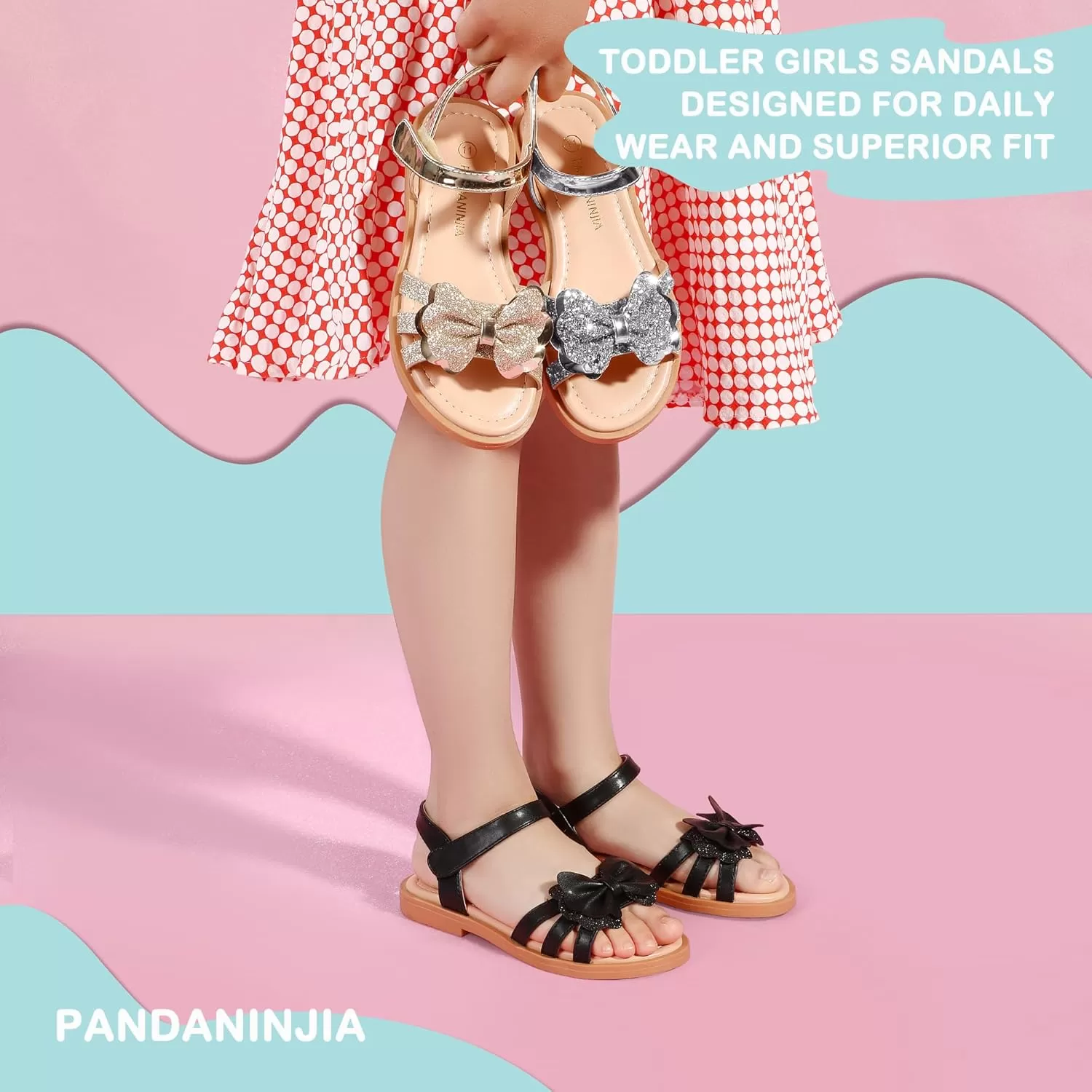 imagePANDANINJIA Girls Sandals Open Toe Cute Bow Princess Girls Flats Sparkly Summer Dress Shoes Sandals for ToddlerLittle KidBig KidC Black Pu
