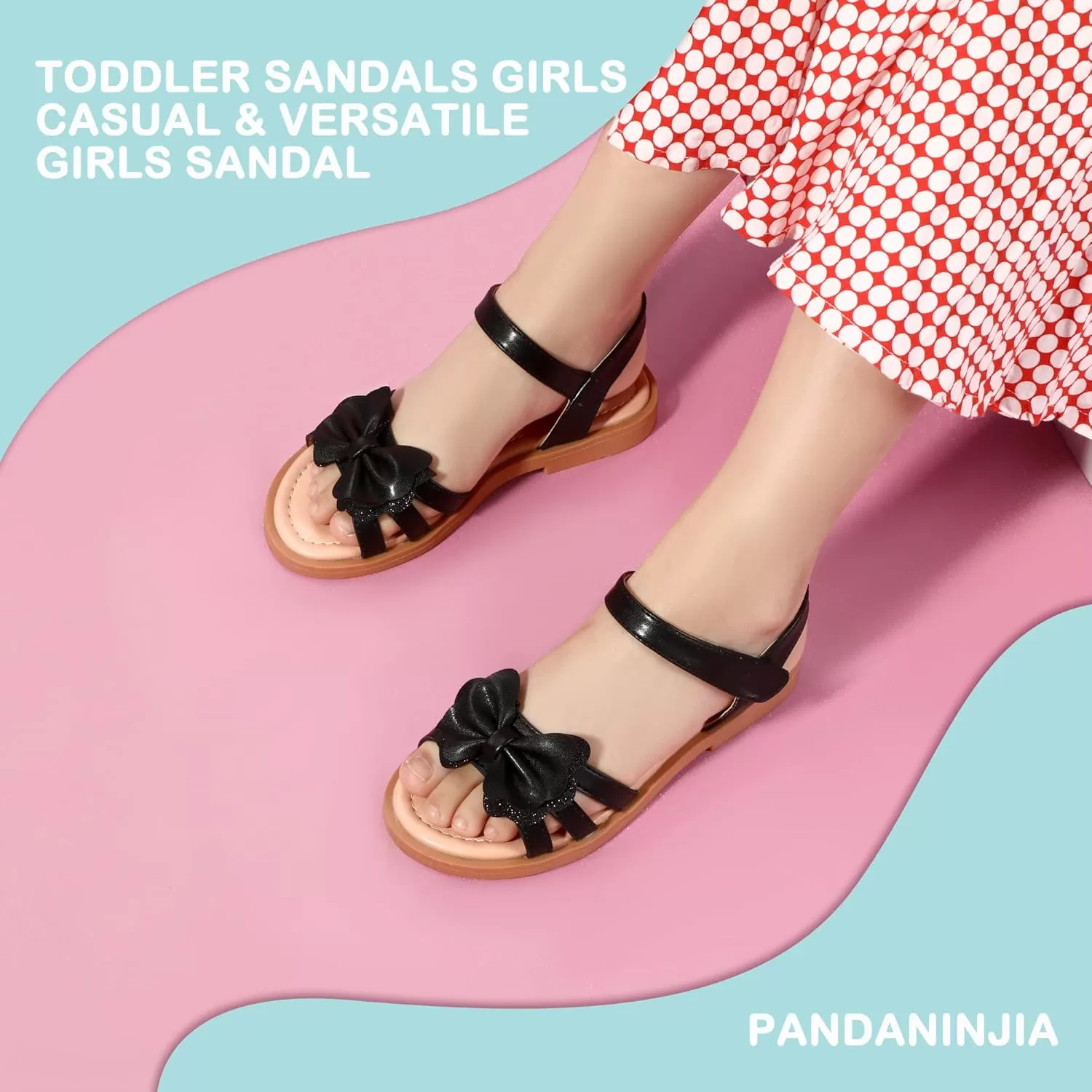 imagePANDANINJIA Girls Sandals Open Toe Cute Bow Princess Girls Flats Sparkly Summer Dress Shoes Sandals for ToddlerLittle KidBig KidC Black Pu