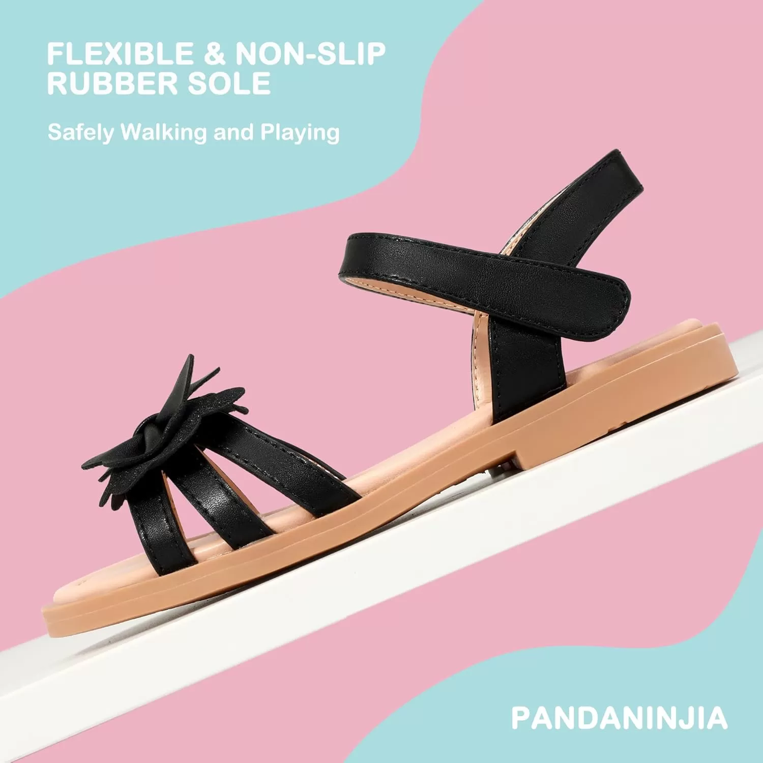imagePANDANINJIA Girls Sandals Open Toe Cute Bow Princess Girls Flats Sparkly Summer Dress Shoes Sandals for ToddlerLittle KidBig KidC Black Pu