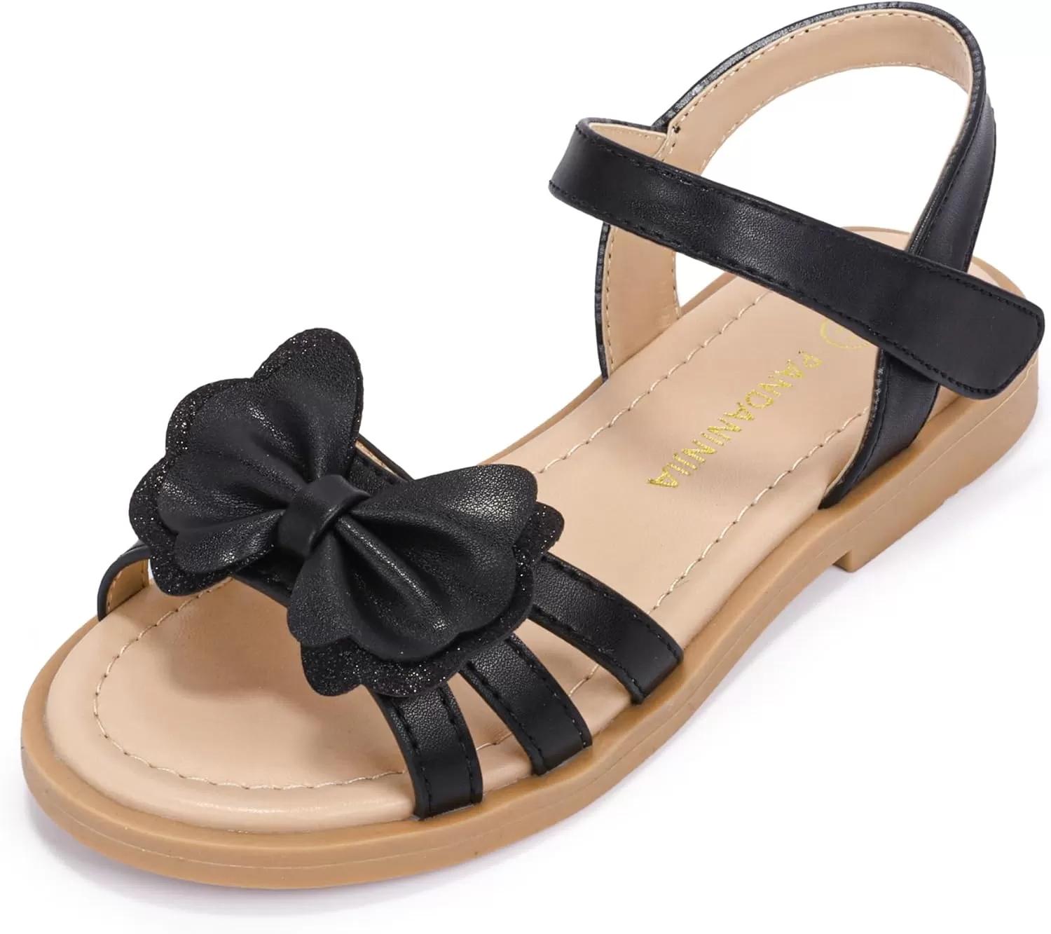 imagePANDANINJIA Girls Sandals Open Toe Cute Bow Princess Girls Flats Sparkly Summer Dress Shoes Sandals for ToddlerLittle KidBig KidC Black Pu