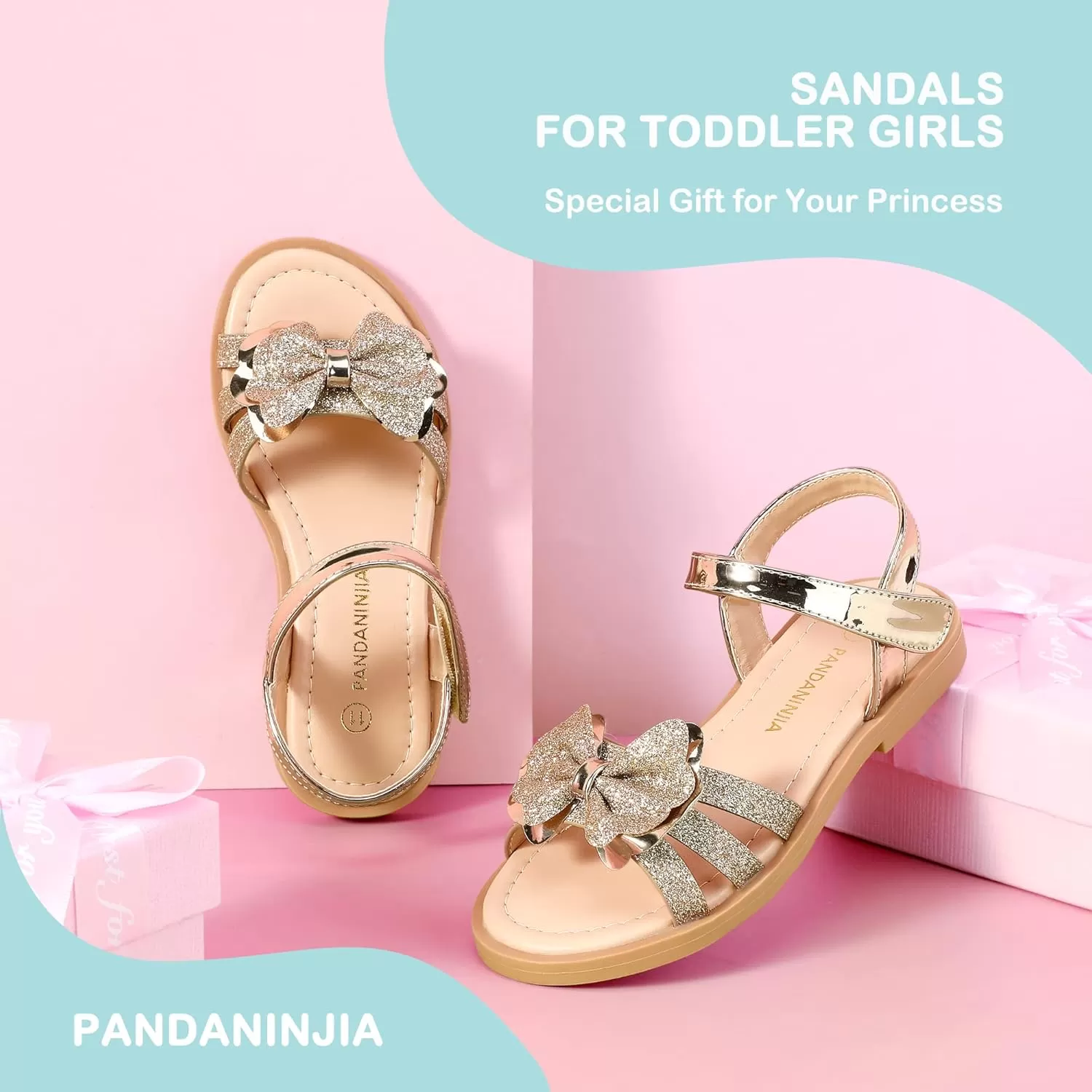 imagePANDANINJIA Girls Sandals Open Toe Cute Bow Princess Girls Flats Sparkly Summer Dress Shoes Sandals for ToddlerLittle KidBig KidC Gold Glitter