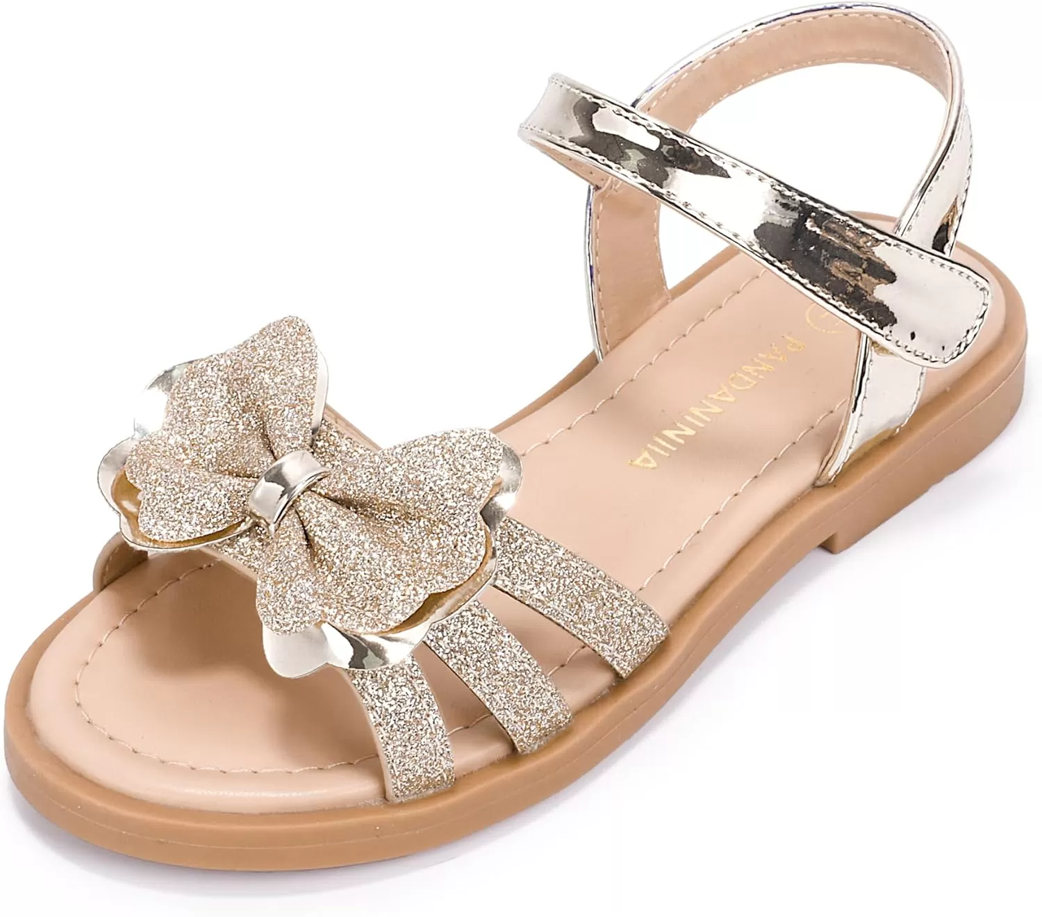 imagePANDANINJIA Girls Sandals Open Toe Cute Bow Princess Girls Flats Sparkly Summer Dress Shoes Sandals for ToddlerLittle KidBig KidC Gold Glitter