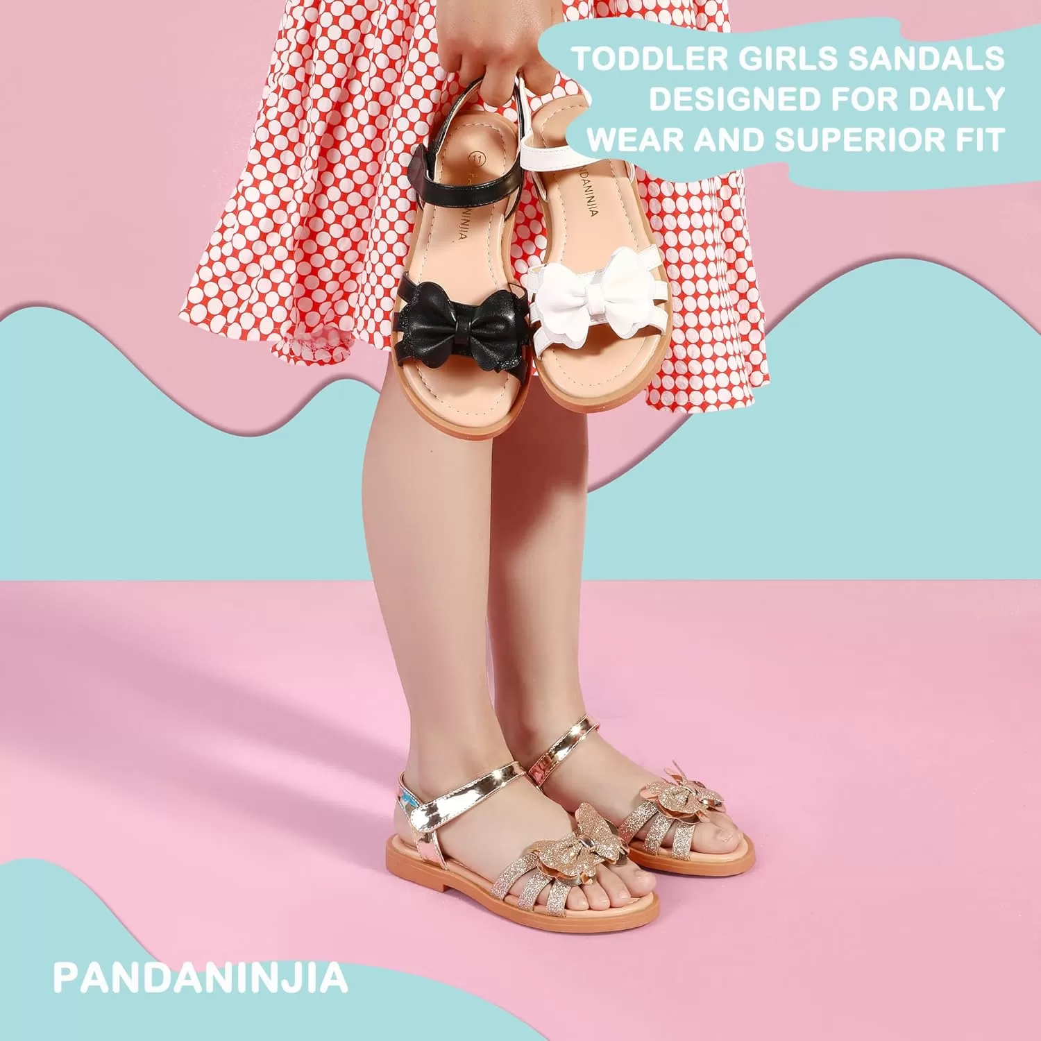 imagePANDANINJIA Girls Sandals Open Toe Cute Bow Princess Girls Flats Sparkly Summer Dress Shoes Sandals for ToddlerLittle KidBig KidC Gold Glitter