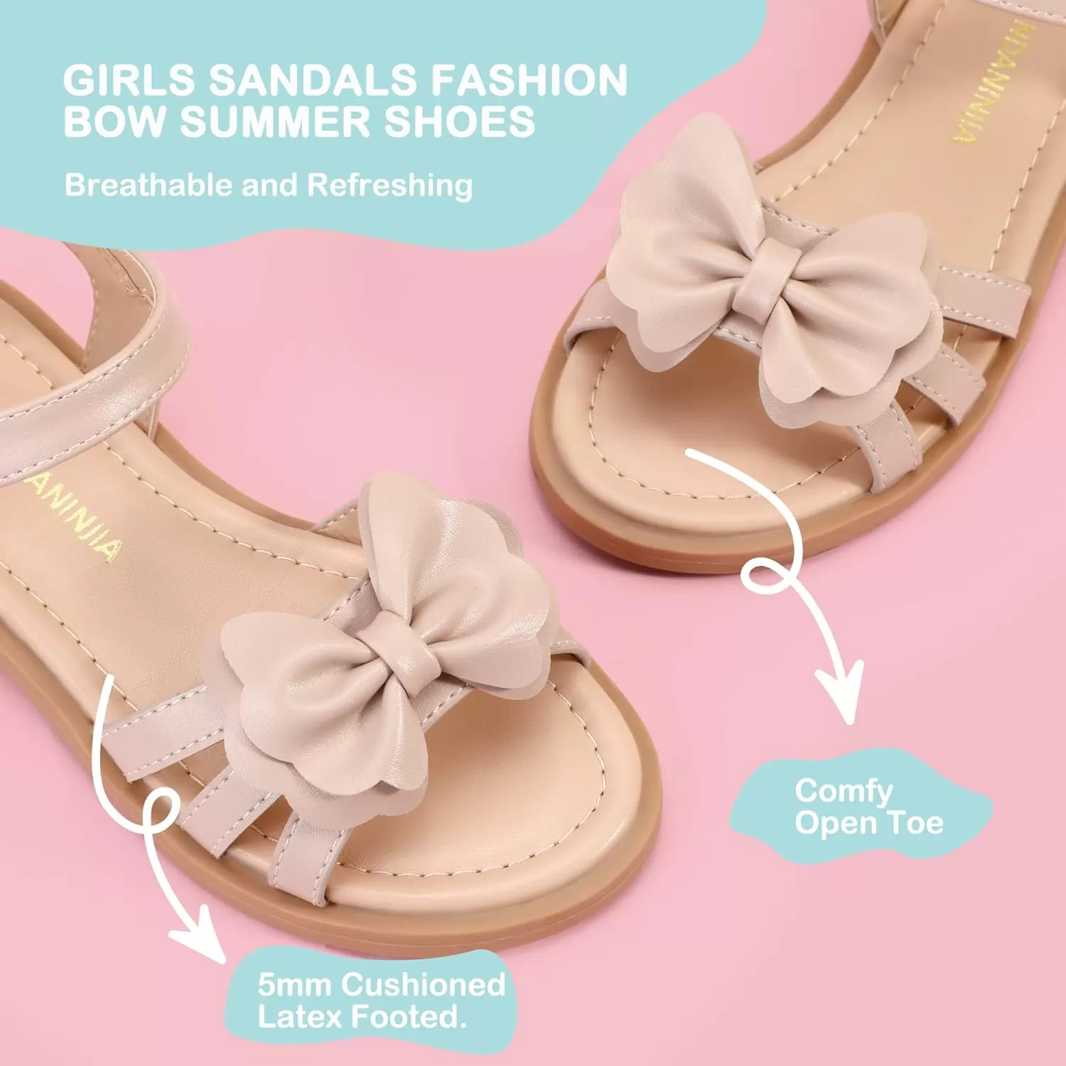 imagePANDANINJIA Girls Sandals Open Toe Cute Bow Princess Girls Flats Sparkly Summer Dress Shoes Sandals for ToddlerLittle KidBig KidC Nude Pu