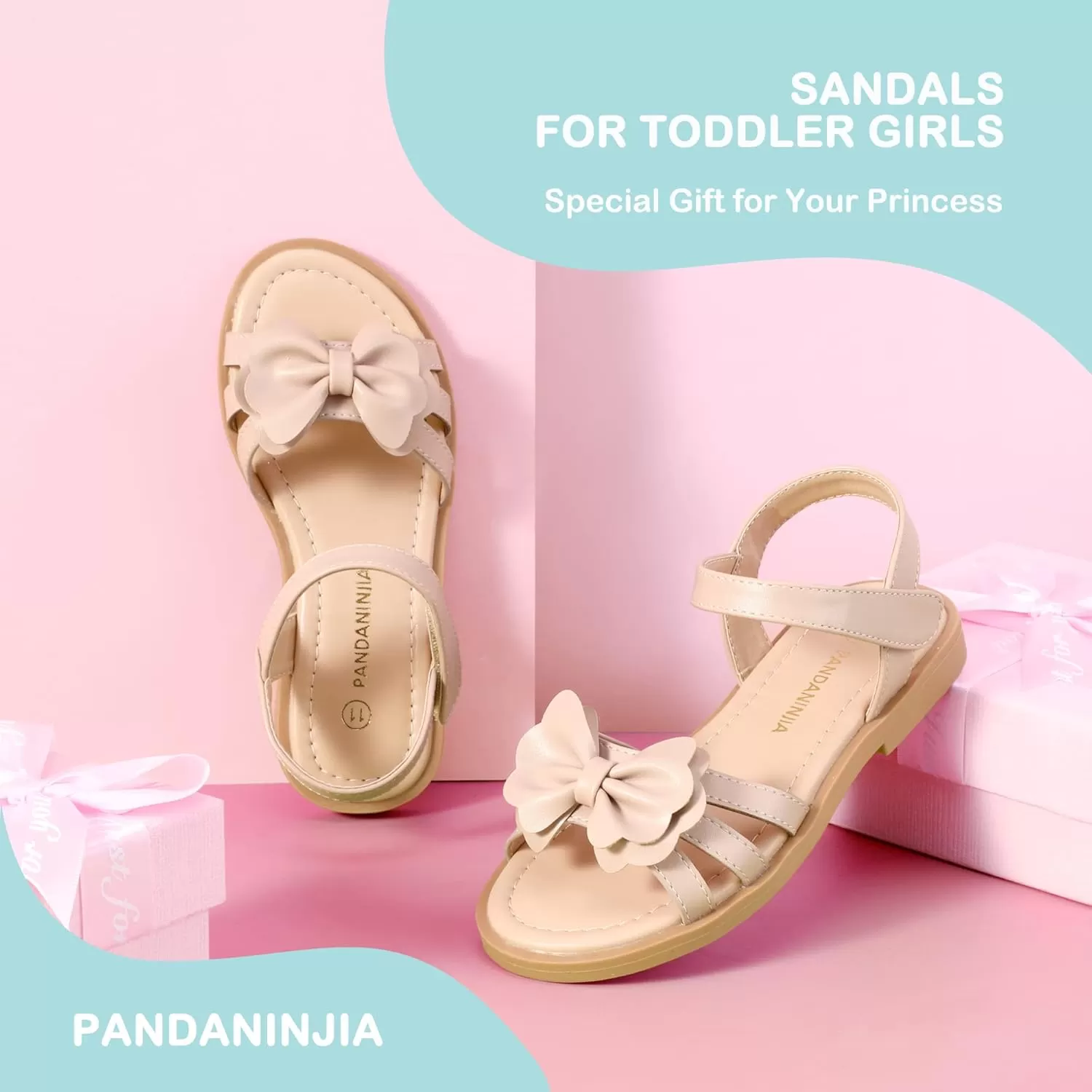imagePANDANINJIA Girls Sandals Open Toe Cute Bow Princess Girls Flats Sparkly Summer Dress Shoes Sandals for ToddlerLittle KidBig KidC Nude Pu