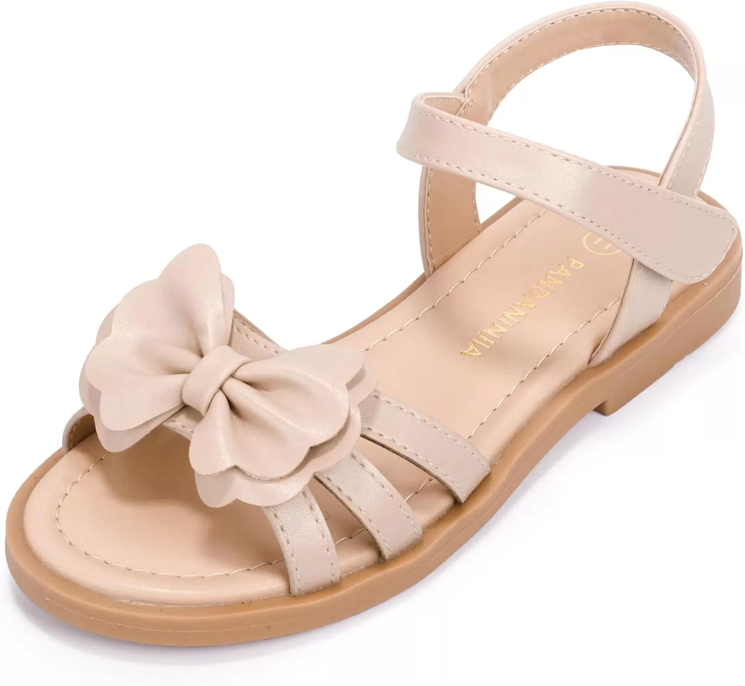 imagePANDANINJIA Girls Sandals Open Toe Cute Bow Princess Girls Flats Sparkly Summer Dress Shoes Sandals for ToddlerLittle KidBig KidC Nude Pu