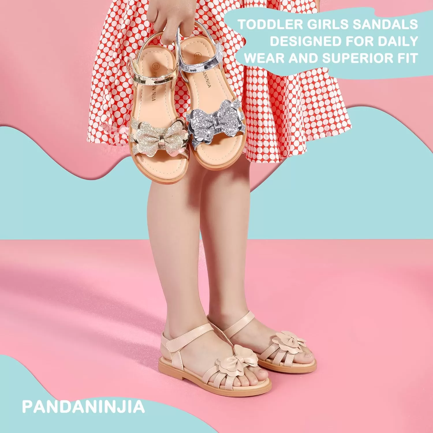 imagePANDANINJIA Girls Sandals Open Toe Cute Bow Princess Girls Flats Sparkly Summer Dress Shoes Sandals for ToddlerLittle KidBig KidC Nude Pu
