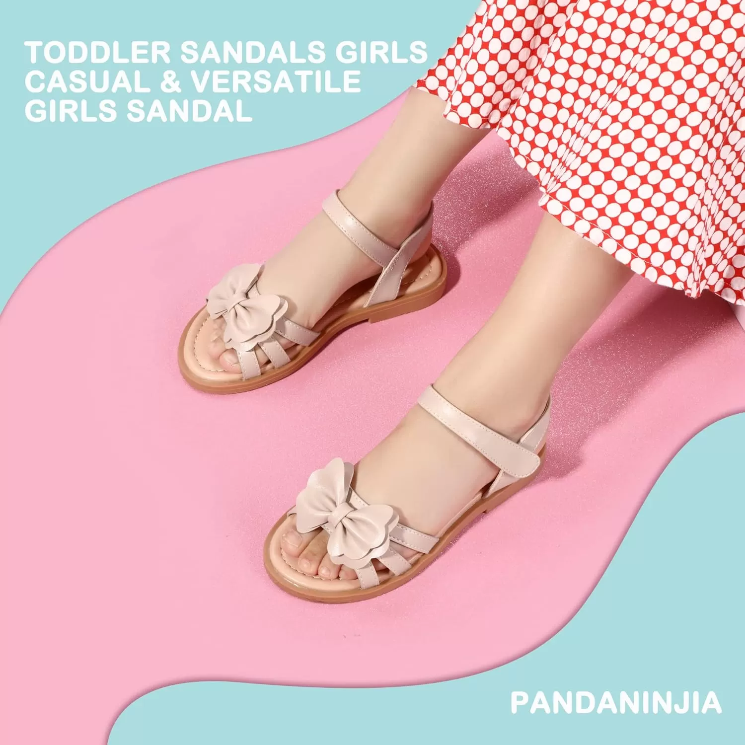 imagePANDANINJIA Girls Sandals Open Toe Cute Bow Princess Girls Flats Sparkly Summer Dress Shoes Sandals for ToddlerLittle KidBig KidC Nude Pu