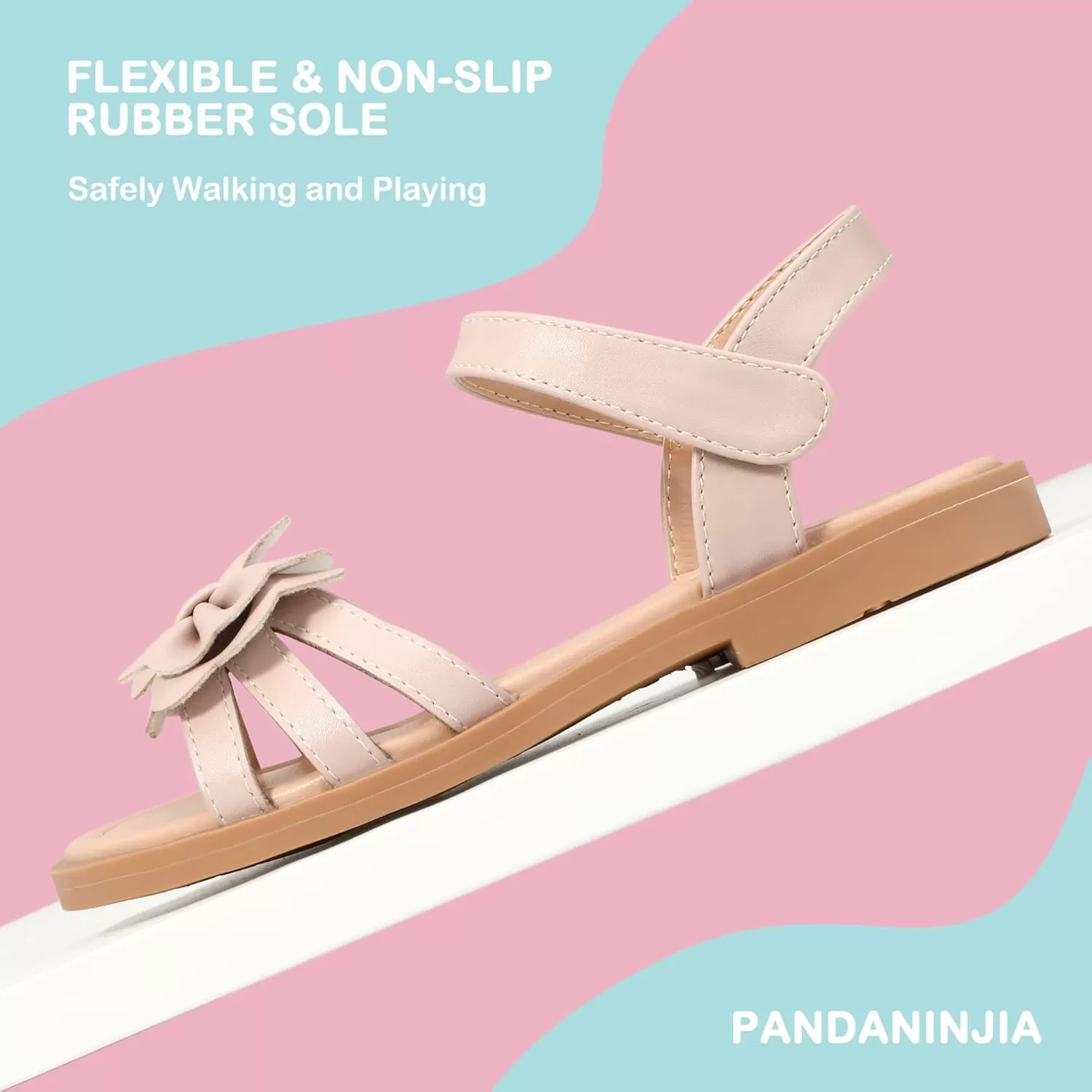 imagePANDANINJIA Girls Sandals Open Toe Cute Bow Princess Girls Flats Sparkly Summer Dress Shoes Sandals for ToddlerLittle KidBig KidC Nude Pu
