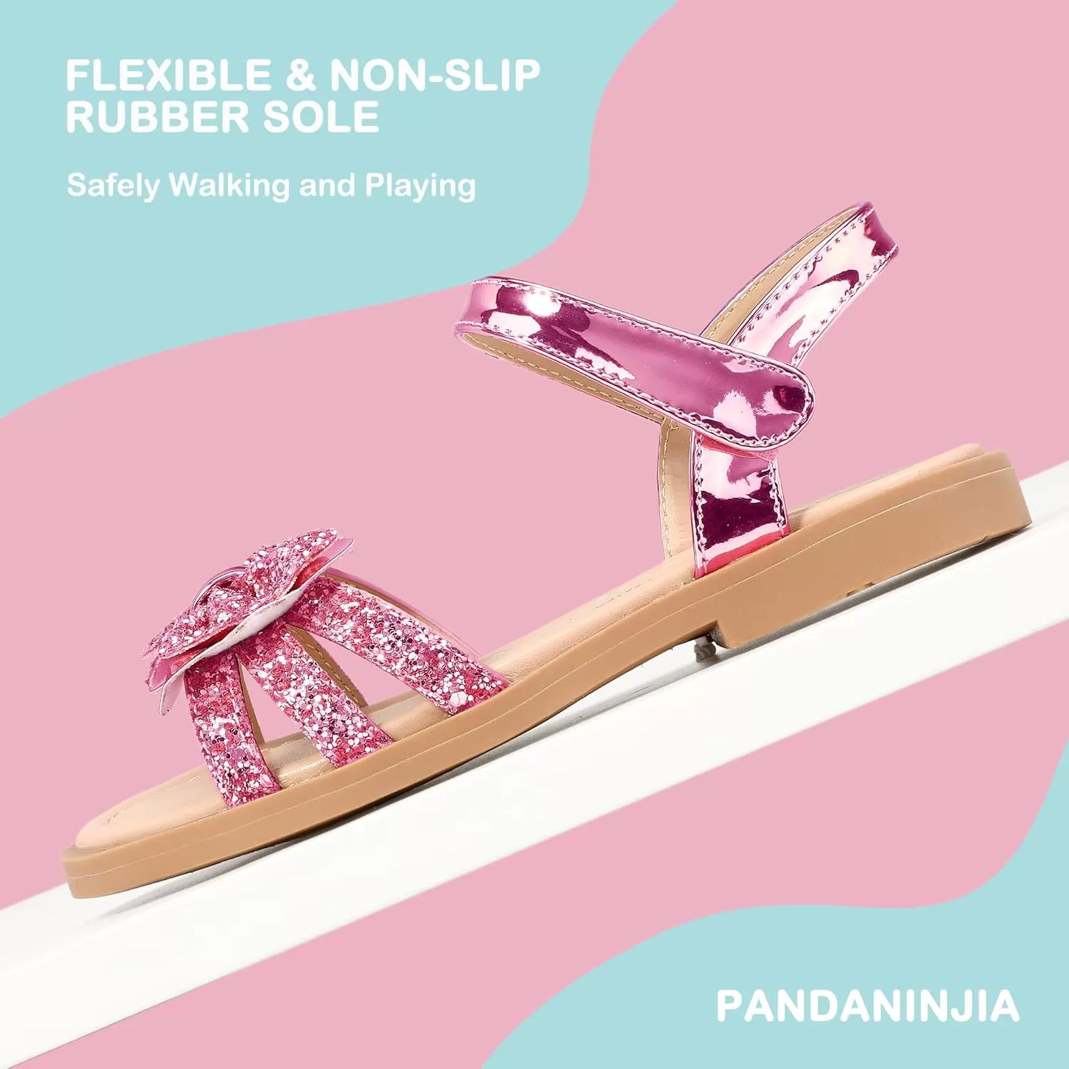 imagePANDANINJIA Girls Sandals Open Toe Cute Bow Princess Girls Flats Sparkly Summer Dress Shoes Sandals for ToddlerLittle KidBig KidC Pink Sequin