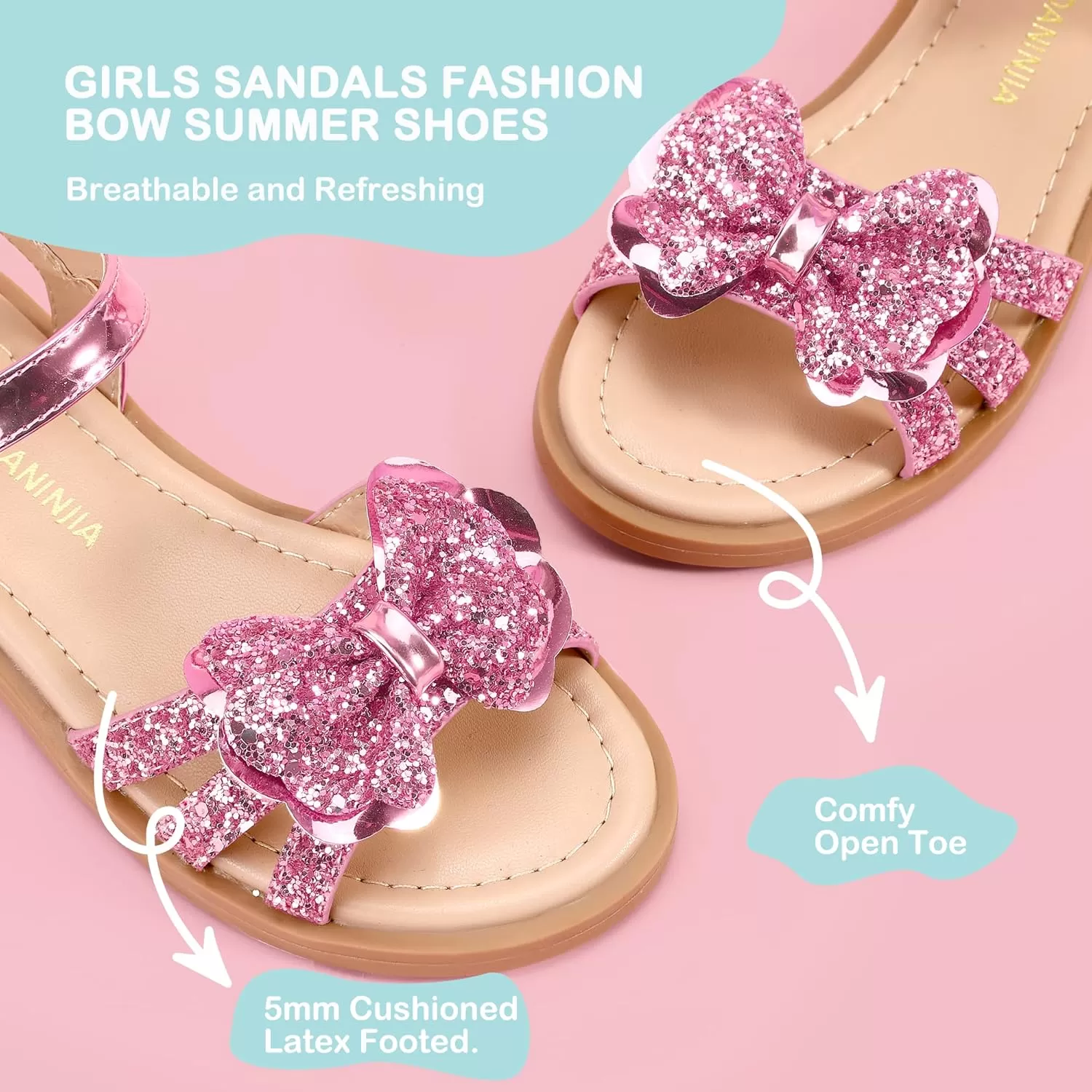 imagePANDANINJIA Girls Sandals Open Toe Cute Bow Princess Girls Flats Sparkly Summer Dress Shoes Sandals for ToddlerLittle KidBig KidC Pink Sequin