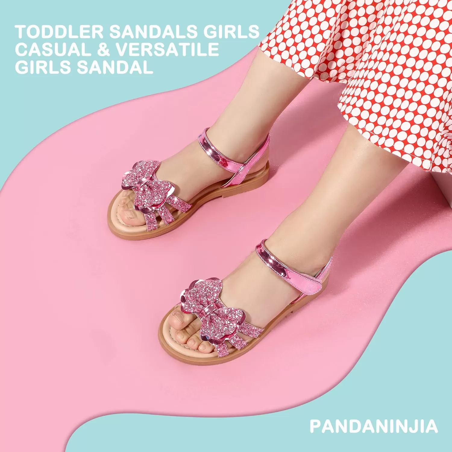 imagePANDANINJIA Girls Sandals Open Toe Cute Bow Princess Girls Flats Sparkly Summer Dress Shoes Sandals for ToddlerLittle KidBig KidC Pink Sequin