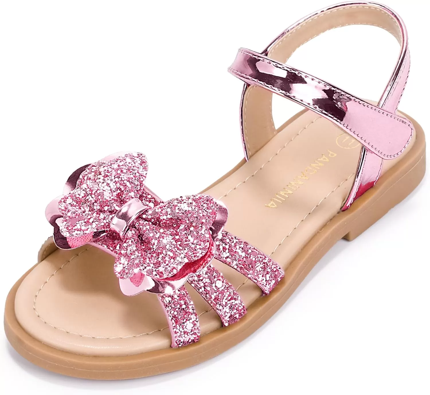 imagePANDANINJIA Girls Sandals Open Toe Cute Bow Princess Girls Flats Sparkly Summer Dress Shoes Sandals for ToddlerLittle KidBig KidC Pink Sequin